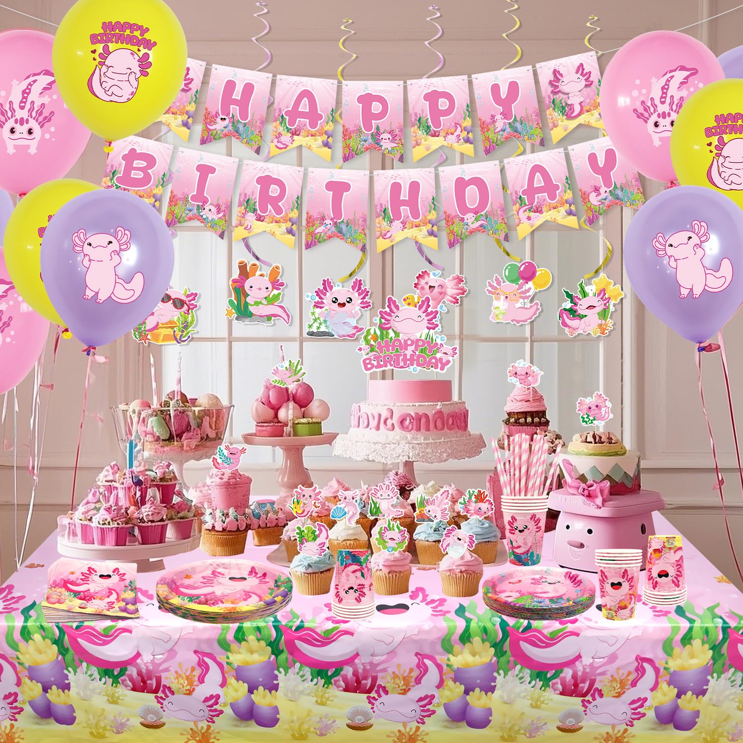 Confetti Axolotl Rosa per Festa di Compleanno - Forniture per Festa Axolotl inclusi Banner, Piatti, Cake Topper, Tazza, Tovagliolo, Palloncino, Tovaglia - per 20 Persone (LQ)