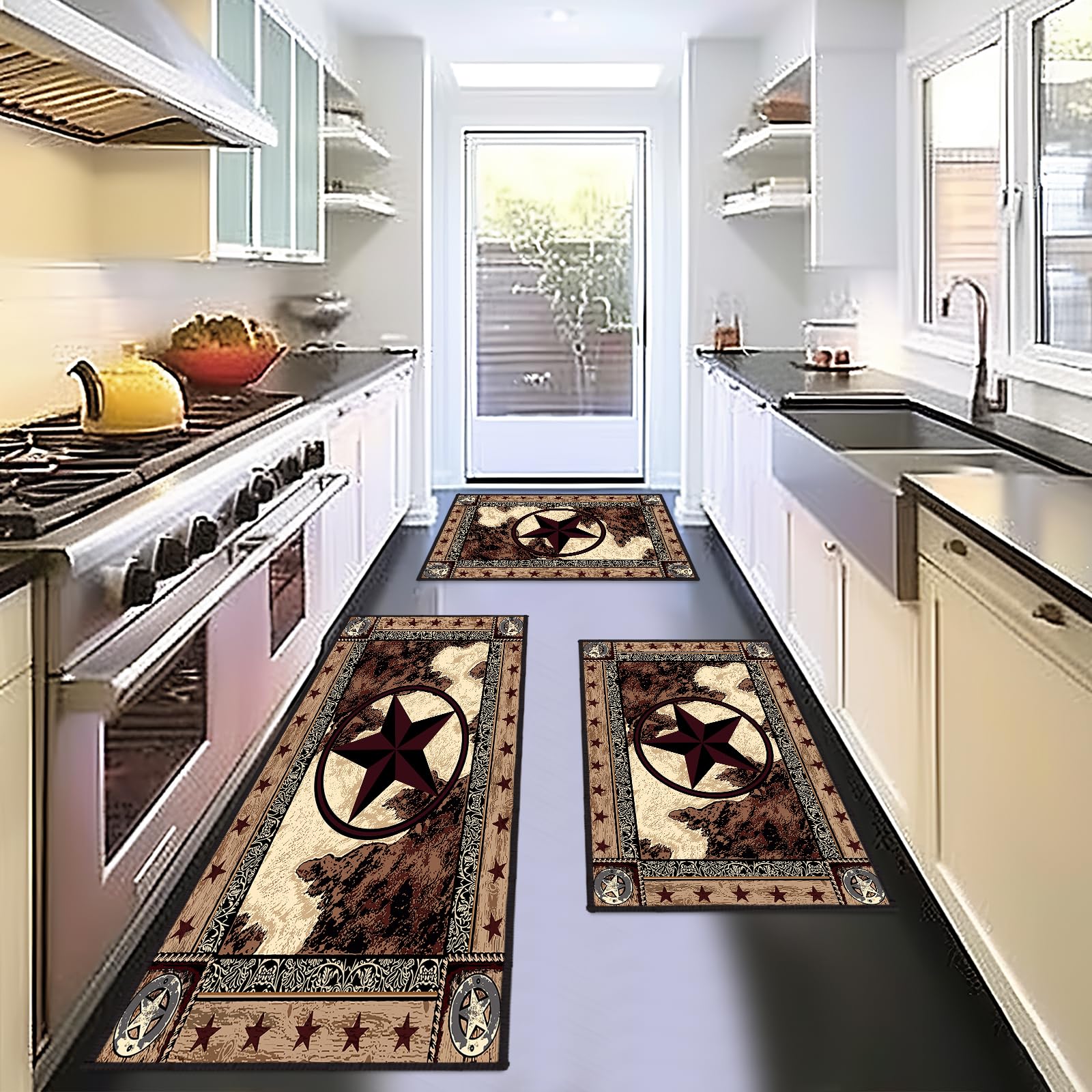 Western Kitchen Rug Set of 3,Anti Fatigue Mats for Kitchen Floor,Texas Star on Wood Panel Rustic Country Farmhouse Kitchen Mat Doormat Vintage Floor Mats Non-Slip Washable Kitchen Rugs Runner,Brown
