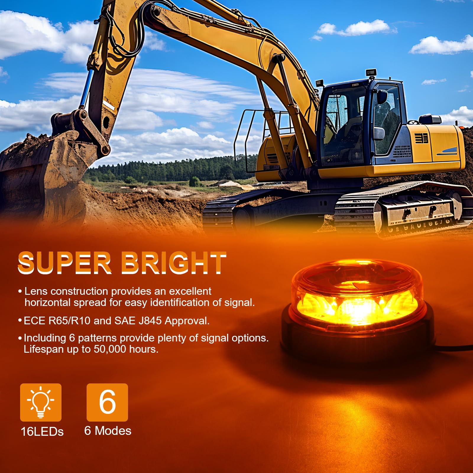 Gyrophare orange tracteur 12v 24v, 6 mode feux d'avertissement amber lumière stroboscopique d'urgence IP67 étanche Marque E Homologation - Fixe à visser