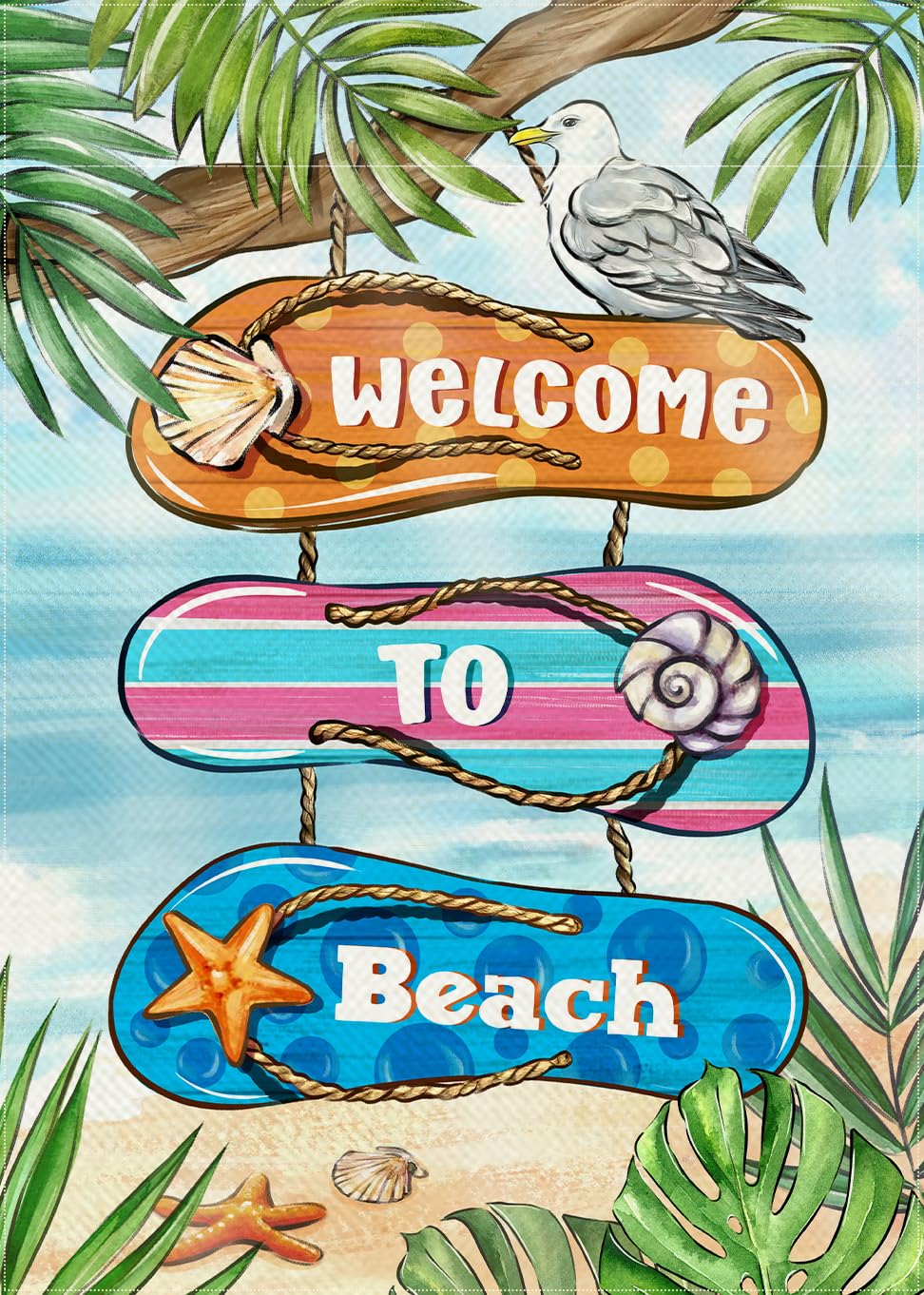 Covido Summer Welcome To Beach Flip Flops Decorative Garden Flag, Coastal Tropical Palm Leaves Seagull Yard Outside Decorations, Hawaii Nautical Seasonal Outdoor Small Home Decor Double Sided 12 x 18