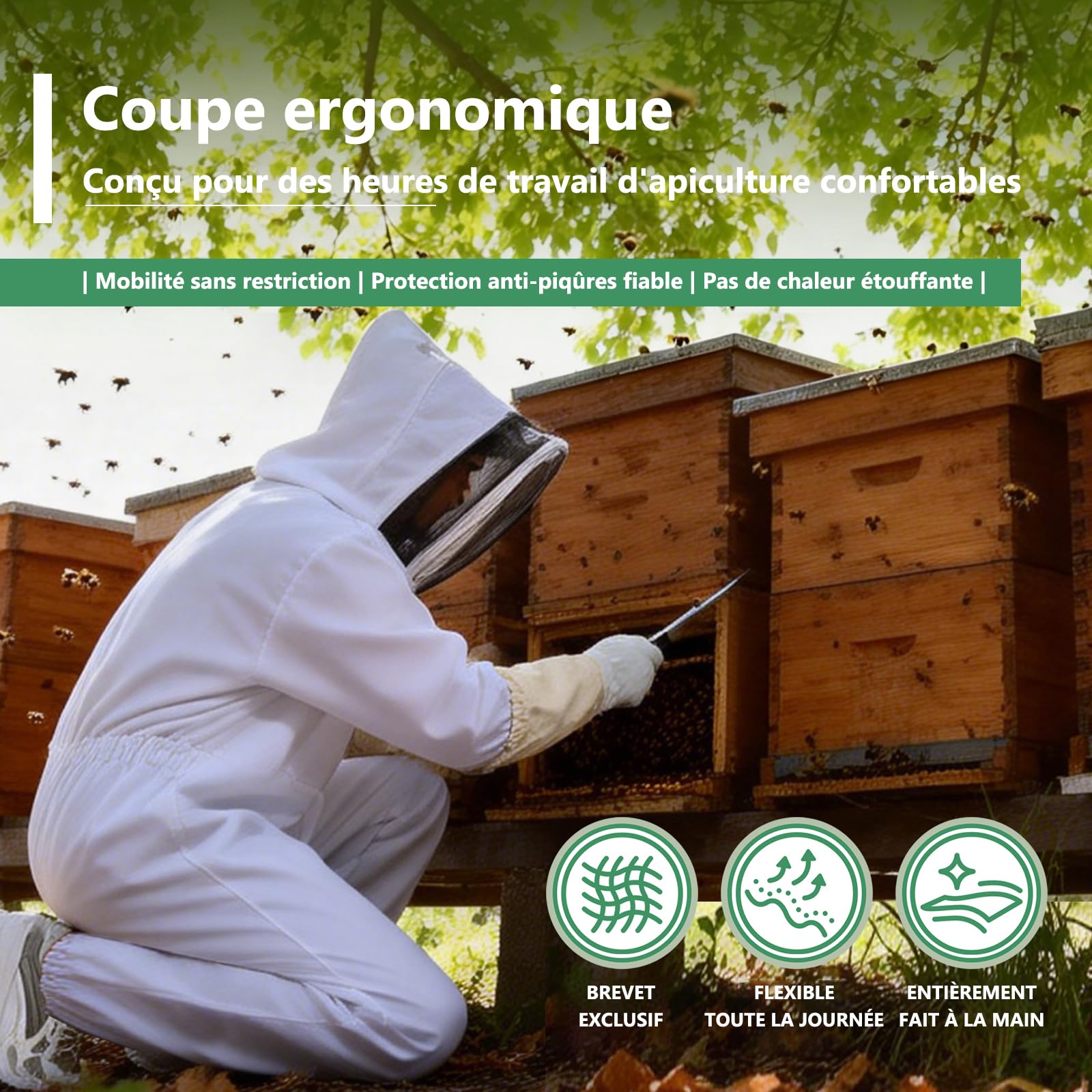 Combinaison Apiculteur Homme Femme Anti Guêpes, Tenue Apicole Polycoton Anti-Piqûres avec Gants Apiculture et Capuche Ventilée Combinaison Apiculture Complète Anti Guêpes(S)