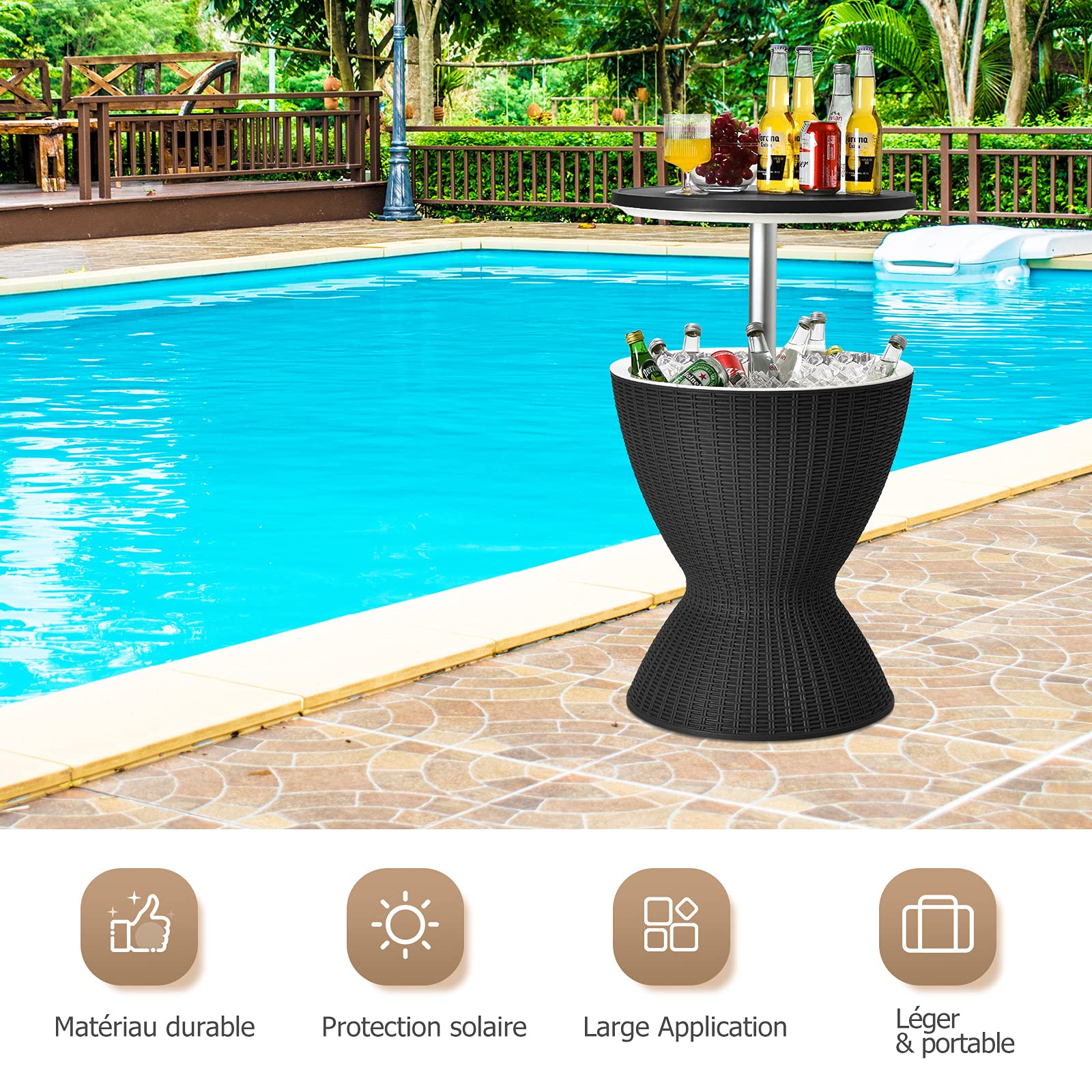 GOPLUS 30L Seau à Glacon pour Champagne Cocktail Boissons Vin, 3 en 1 Seau à Glace avec Bouchon de Vidange, 2 Hauteurs Réglables, Table de Refroidisseur de Glace en PP et Rotin Imité (Noir)