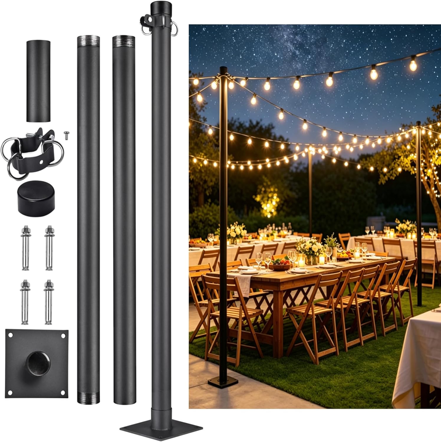 Yescom 8 Ft Sun Shade Sail Pole Post Canopy Awning Deck Patio Backyard with Pole Bracket Clamp Powder Patio Outdoor 96" Black