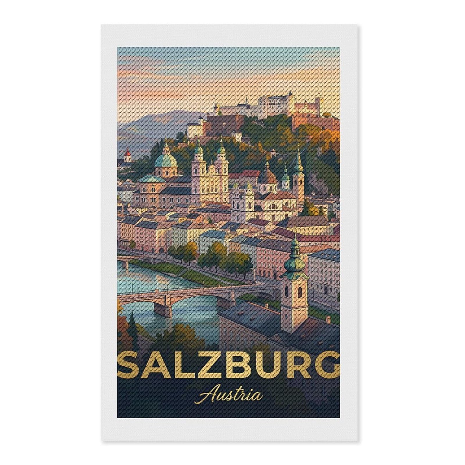 Junmoney Salzburg Austria Cityscape with Fortress Diamond Painting Canvas Set 12"x20", with Tool Kit, Easy to Enjoy, Home Wall Decor, Thoughtful Handmade Gift