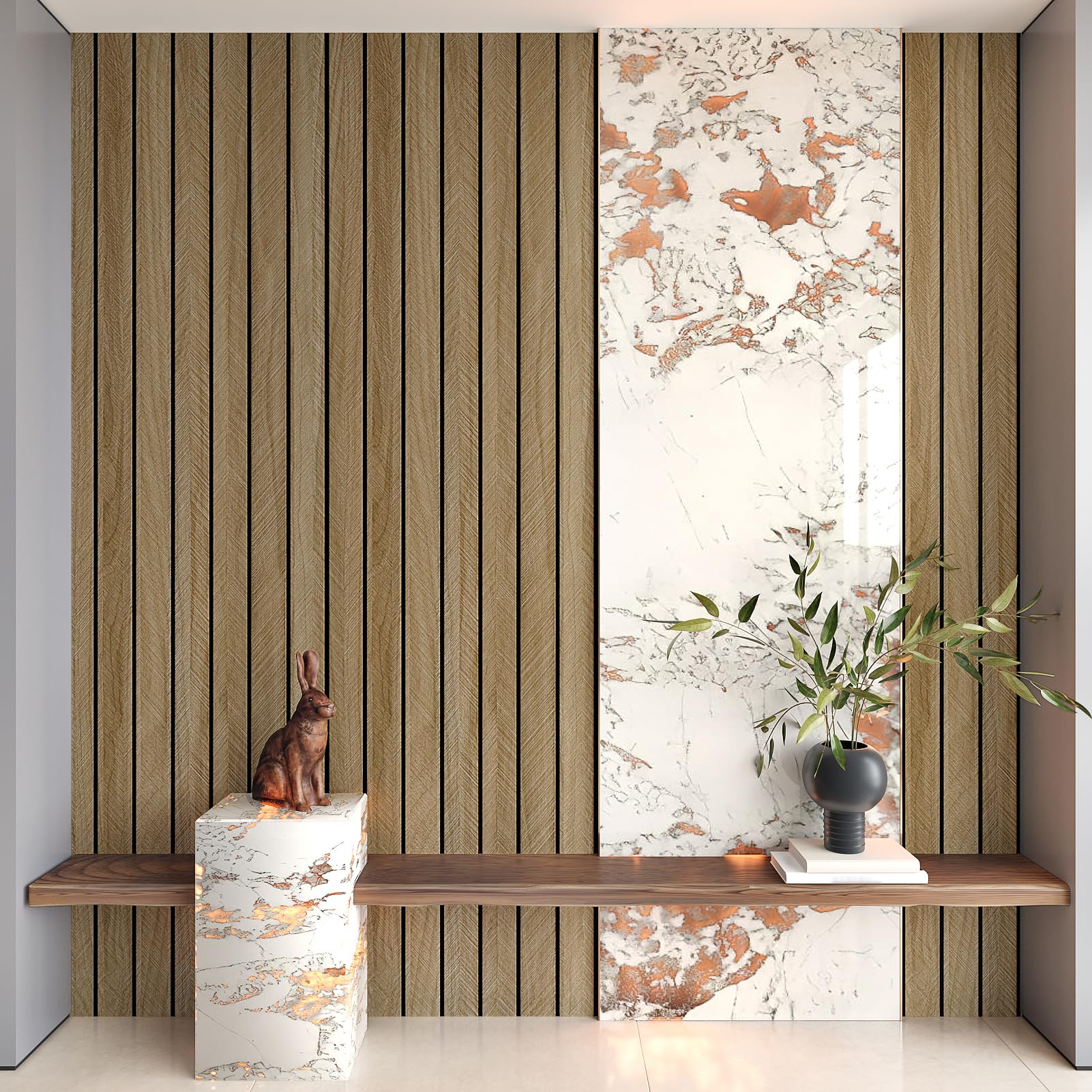 Panel de pared de listones de madera marrón acústico 3D para