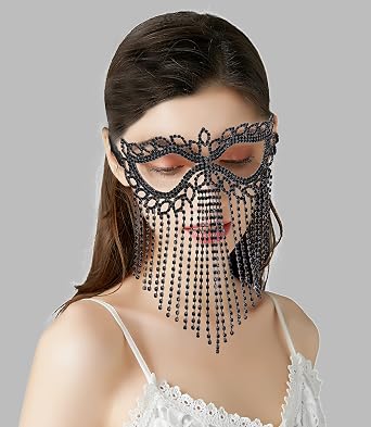 Bellady Rhinestone Cat Eye Fringe Masquerade Mardi Gras Mask with Satin Tie Back