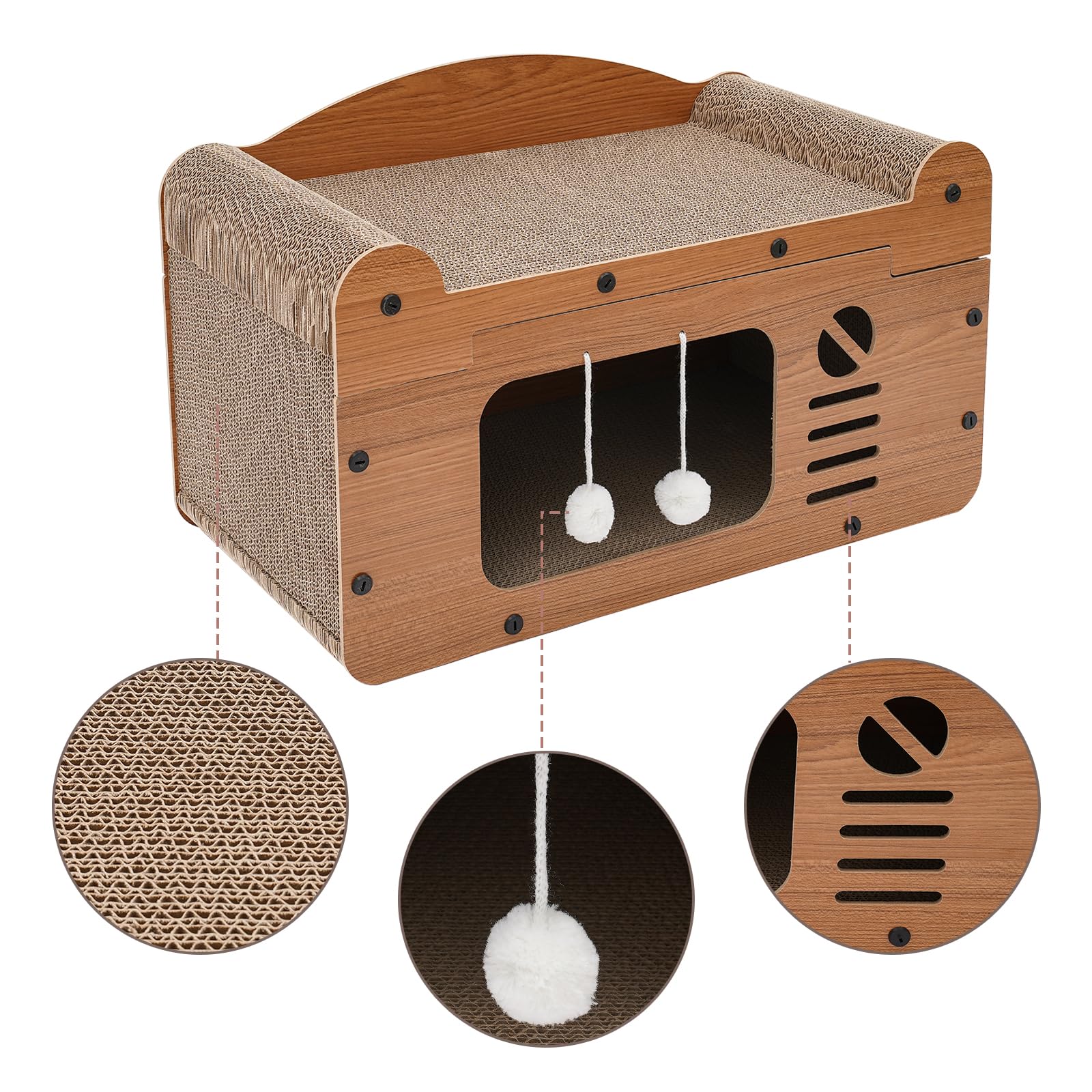 Cuccia per gatti, pieghevole, con palline, in cartone ondulato, per animali domestici di piccole dimensioni, per il riposo interno, per giocare (marrone, porta singola)
