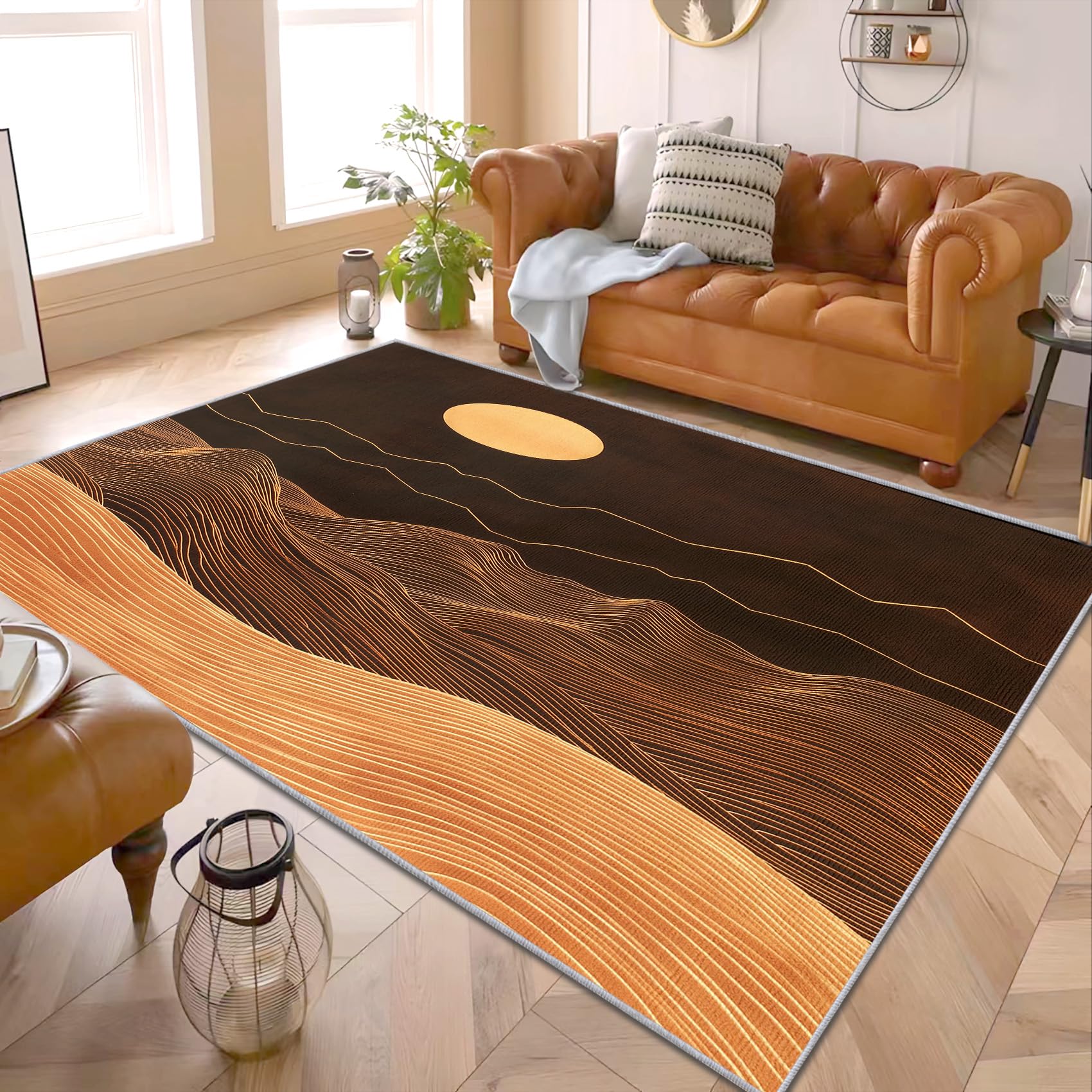 PaxGloz Mid Century Modern Boho Rug - Abstract Sunset Mountain Rug, Brown Boho Rugs for Living Room Bedroom, Washable Non Slip Soft Small Carpet, Patterned Area Rugs & Home Decor 50x80 cm