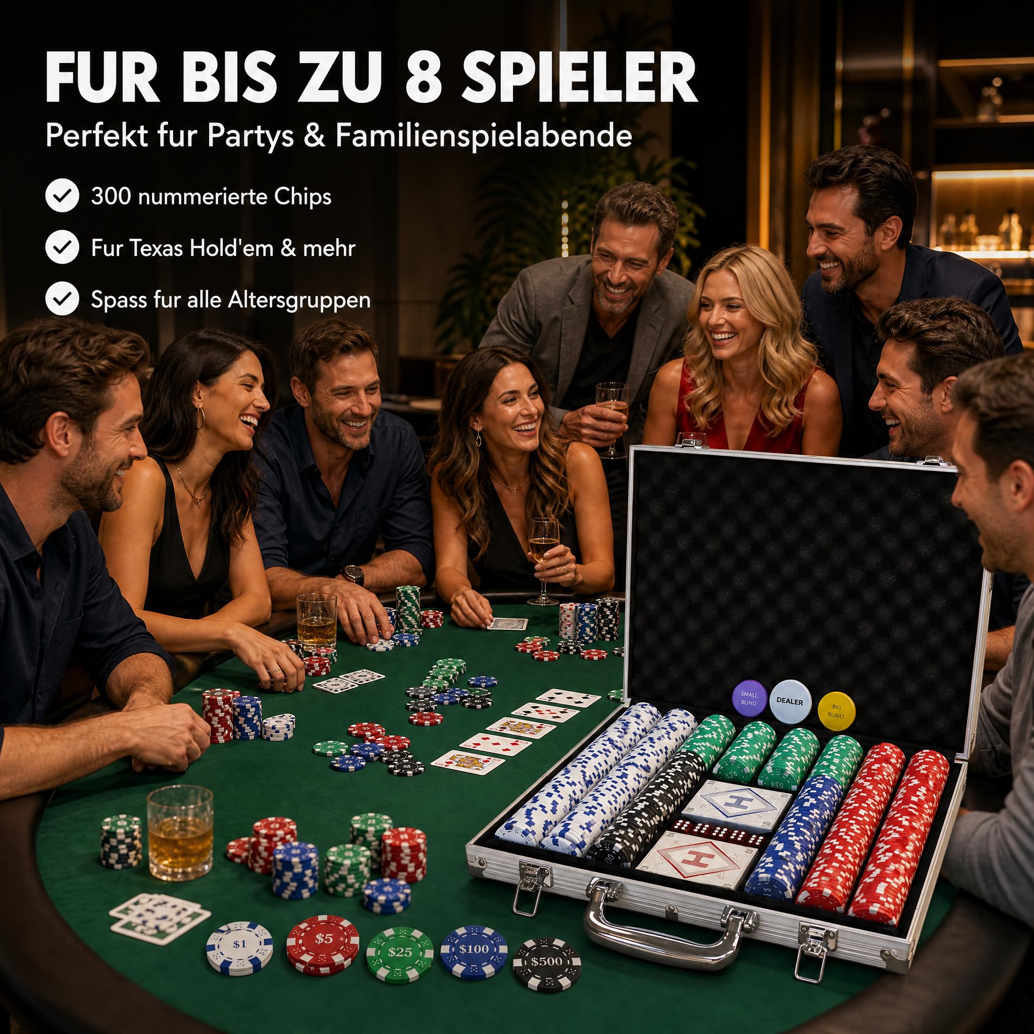 HEITOK Pokerkoffer 300 Stück – Premium Texas Holdem Set, 11,5g m. Nummern | Für 2–8 Spieler: 2 Kartendecks, 5 Würfel, Dealer-, Small- & Big-Blind-Button
