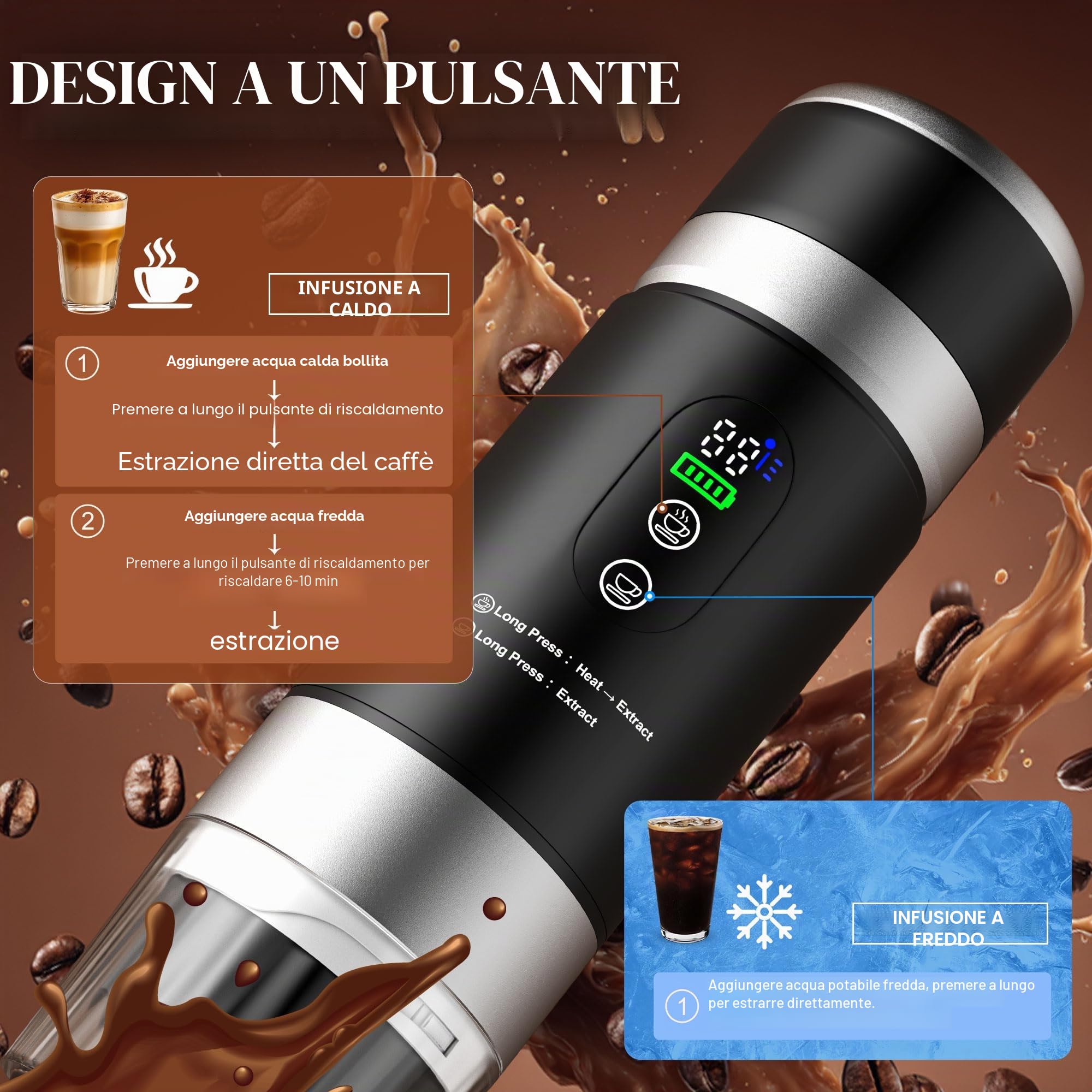 Macchina Caffe Portatile 3 in 1 con Batteria Rimovibile 15000mAh, Caffettiera Portatile 20 Bar Auto Riscaldamento con Display Digitale, Compatibile Capsule e Caffè Macinato, per Camping
