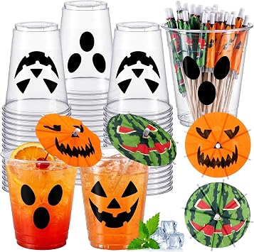 FoldTier 24 Set 12oz Summer Halloween Plastic Cups with Drink Umbrella Picks Bulk Halloween Cups with Cocktail Umbrella Stirrers Jack O Lantern Ghost Design for Trick or Treat Boo Party Supplies