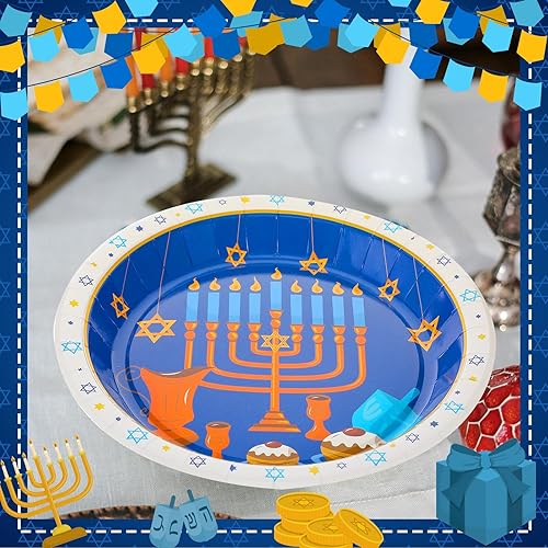 Miniatura 5 de Maxcheck 200 platos de papel de Hanukkah desechables de 9 y 7 pulgadas, platos de cena para fiesta de Hanukkah Happy Hanukkah, azul y blanco,