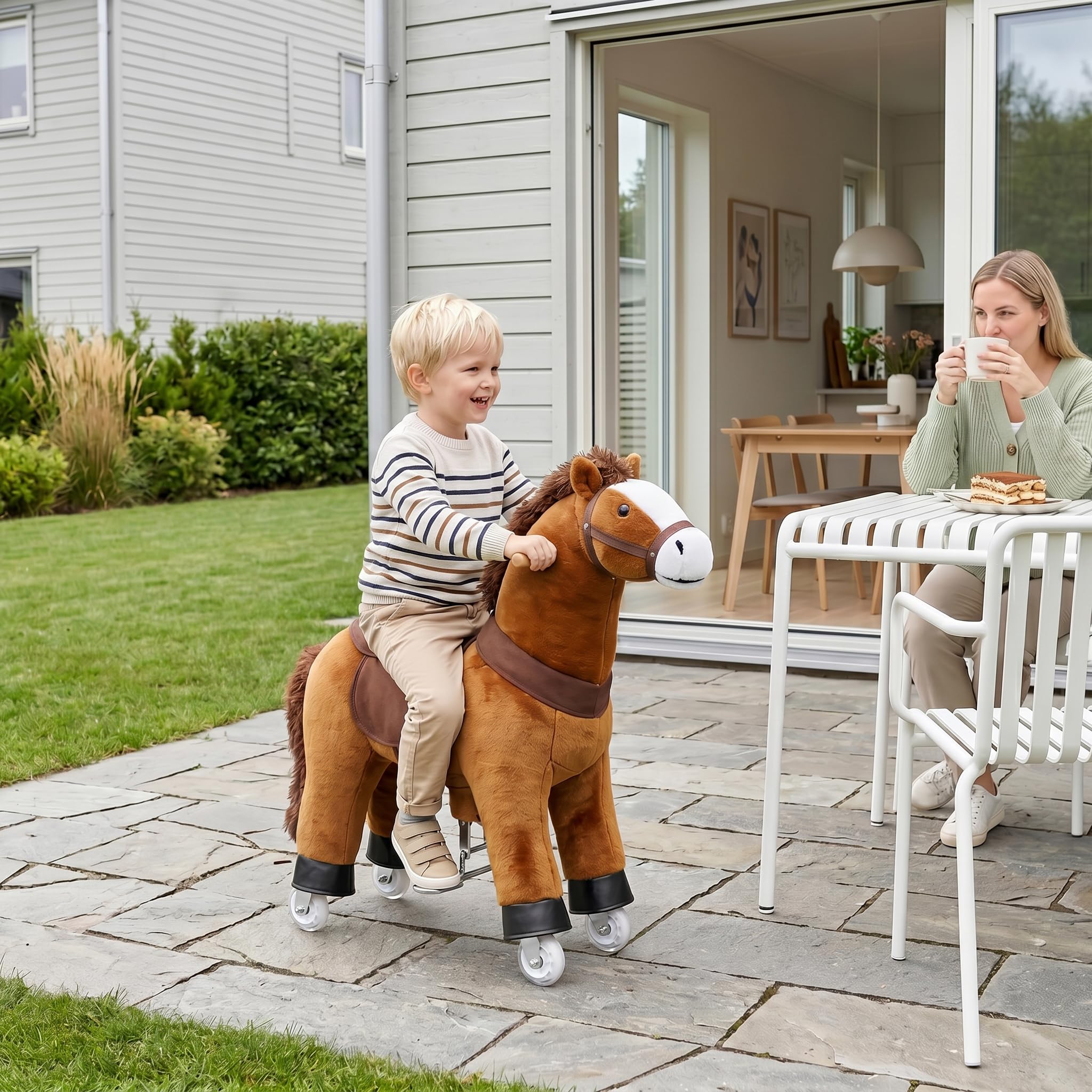 WOLTU Caballito con Ruedas para Niños de 3 Años, Caballo de Peluche para Montar con Sonido, Juguete Infantil en Madera y Metal, Color Marrón