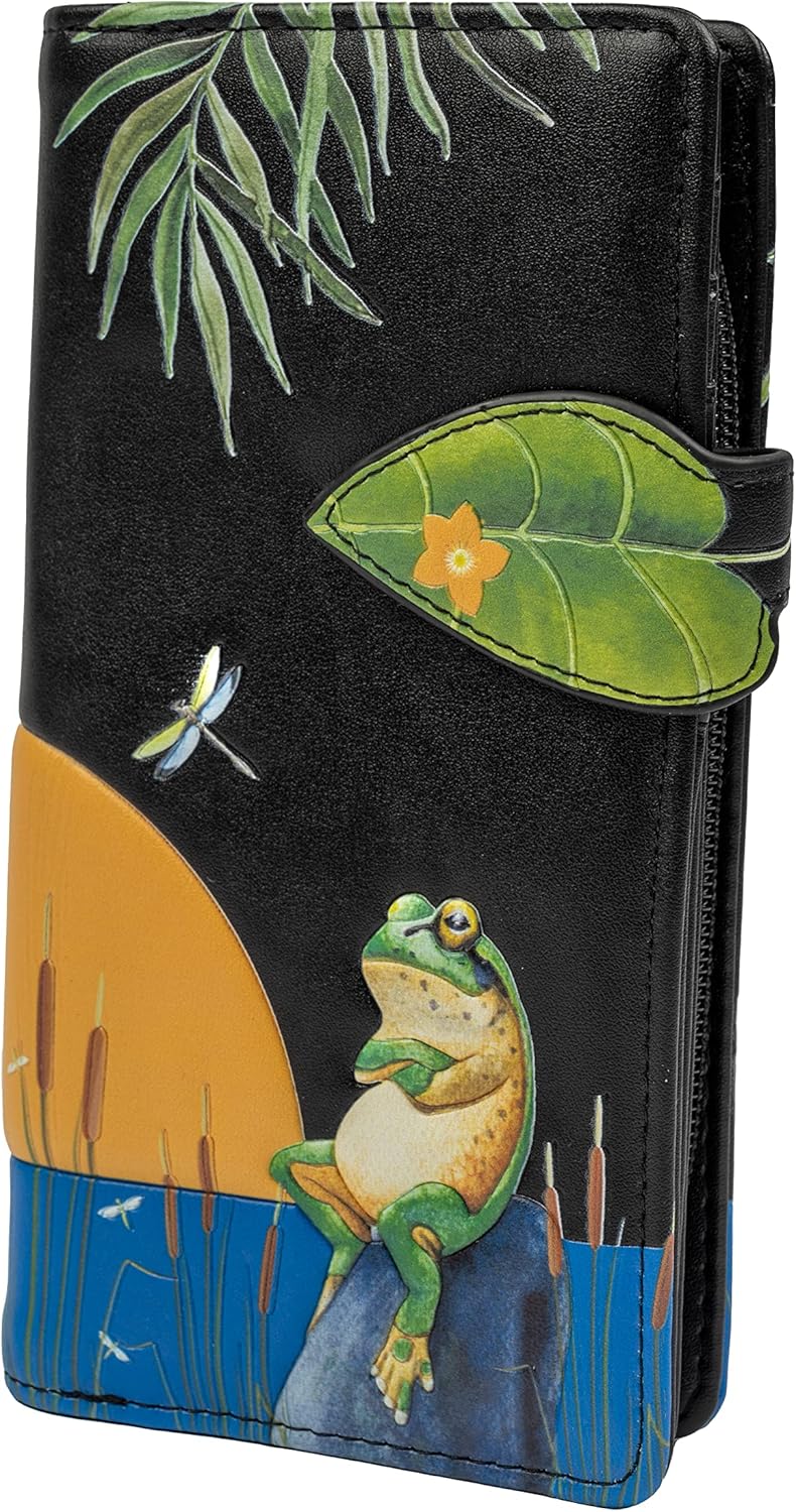 Shag Wear Women's Premium Vegan Clutch Cardholder Wallet Zipper Purse with Pretty Sunset Frogs, Black