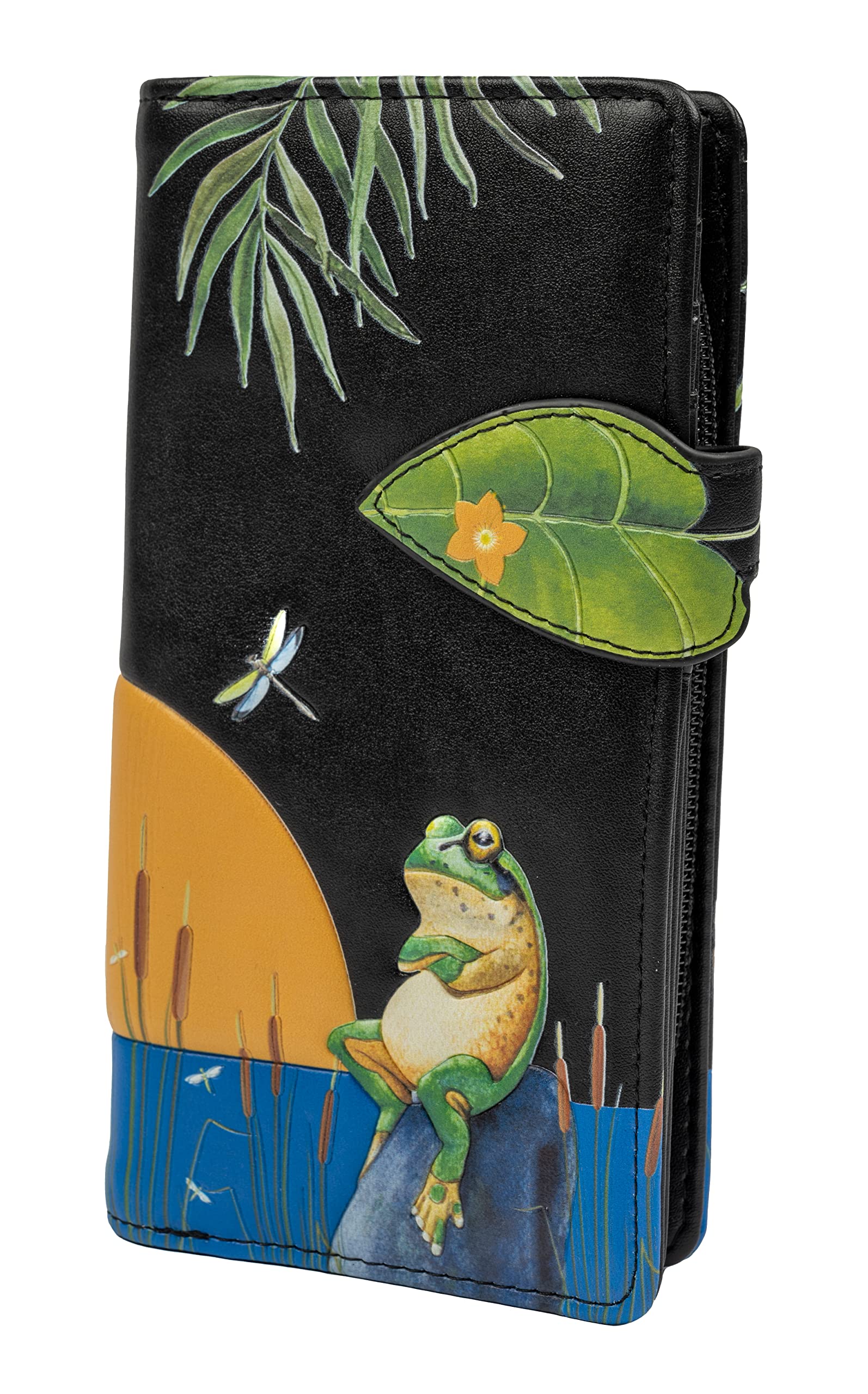 Shag Wear Women's Premium Vegan Clutch Cardholder Wallet Zipper Purse with Pretty Sunset Frogs, Black