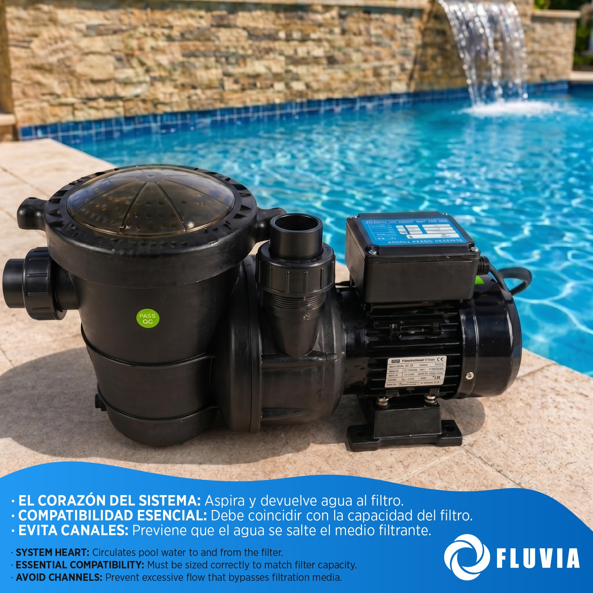 Bomba de Piscina Autoaspirante PQS Classic | Prefiltro Integrado | Bajo Ruido | Motor Monofásico 230V | Protección IPX5 | Fluvia (1,5 CV (15 m³/h))