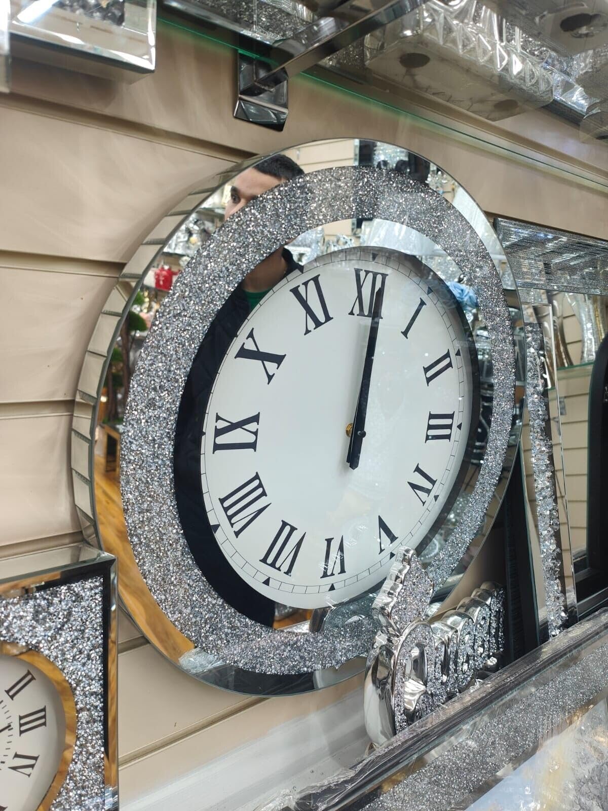 Biznest Large Round 50cm Crushed Mirror Jewel Wall Clock Black Hands Roman Number Diamante Glass Silver Eye Catching Home Décor