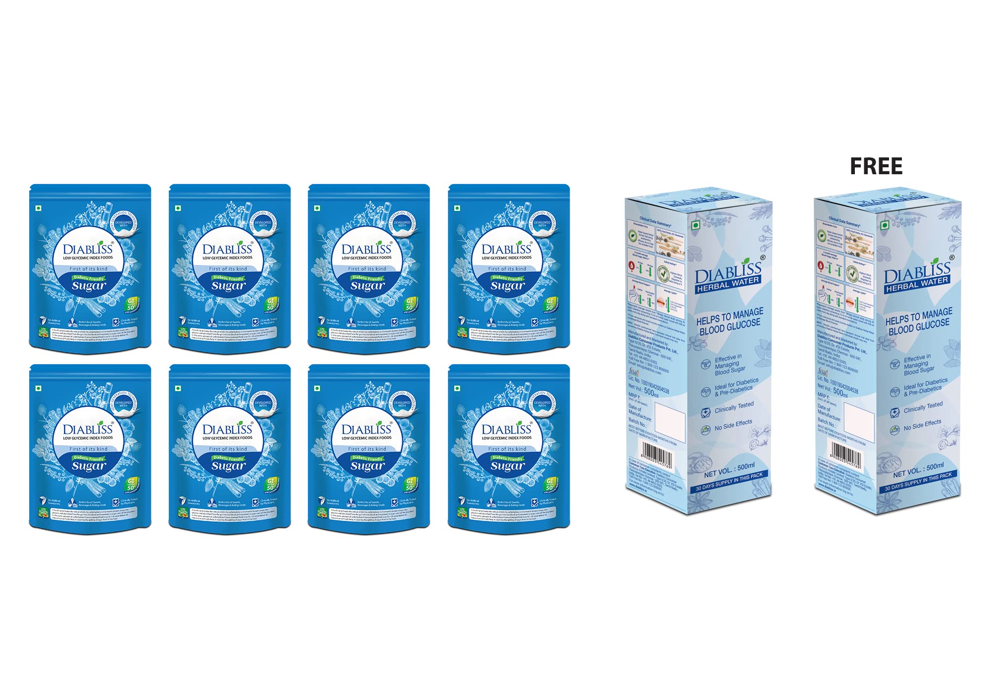 Diabliss Diabetic Friendly Sugar 500g Pouch Pack of 8, Herbal Water for Blood Glucose Management Pack of 2