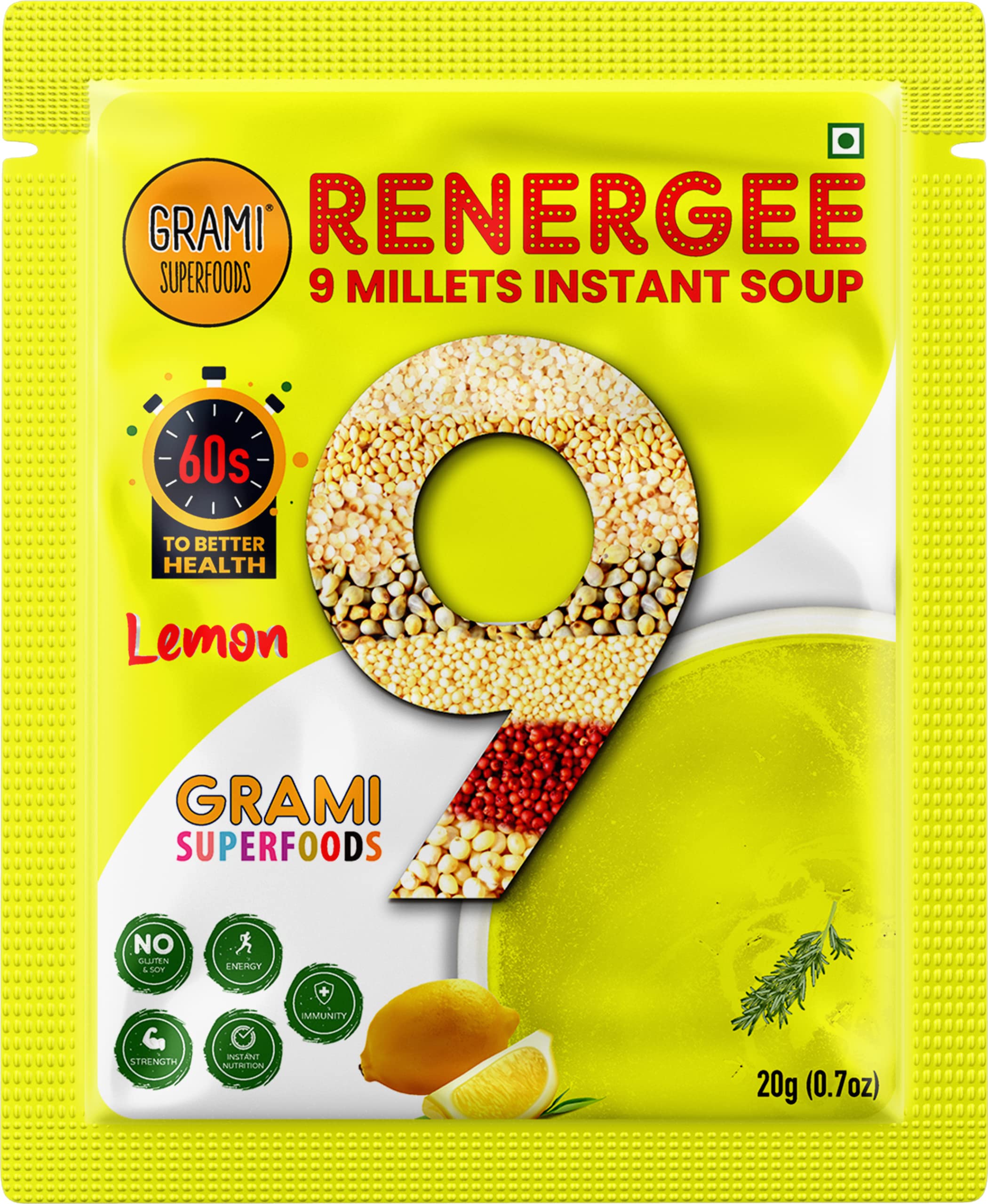 Grami Superfoods Renergee 9 Millets Instant Assorted Soup β Each Pack Contains Hot & Sour, Tomato, Lemon, Spinach, Beetroot, and Pumpkin | Gluten-Free | Healthy Instant Millet Soup Powder | Perfect for Kids and Adults | No Corn Starch | No Preservative | No MSG | Low GI | Nutrient-Rich | High Fiber | Instant Energy Booster | Weight Loss Management | Diabetic Friendly | Vegetable Soup - Pack of 12( 240g ) 3