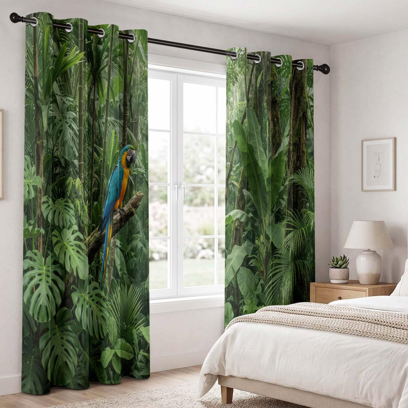 Rideaux Occultant Oiseau Forêt, Rideaux Occultant Ara Tropical & Feuilles De Monstera Rideau Thermiques Isolant Anti Froid et Chaleur Rideau à Oeillets pour Chambre À Coucher, 2 PCS, 110L X 215H cm