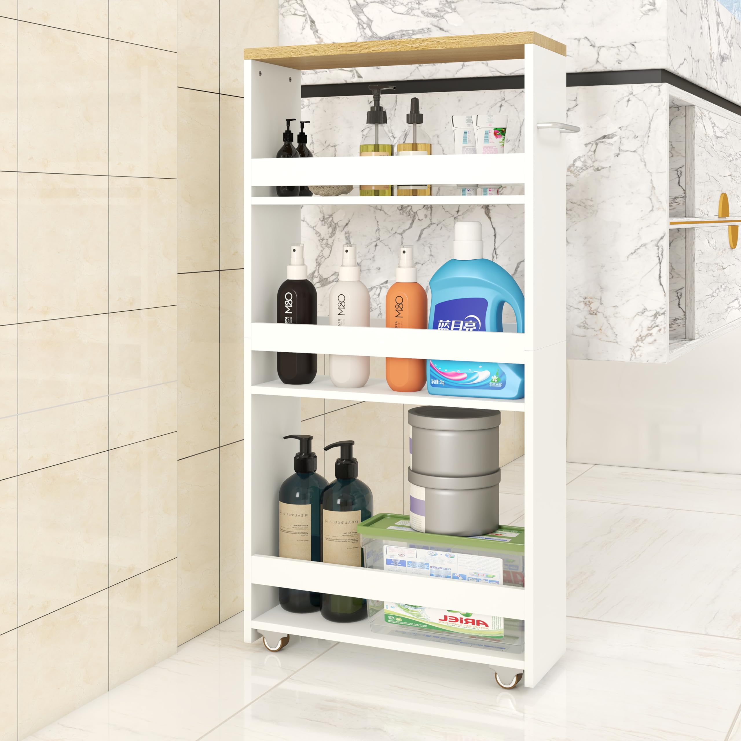 Carrello Salvaspazio Bagno Con Ruote Portatutto, Mobile Bagno Salvaspazio con spazio di stoccaggio a tre piani, Porta Detersivi bianco (40x14x80 cm)
