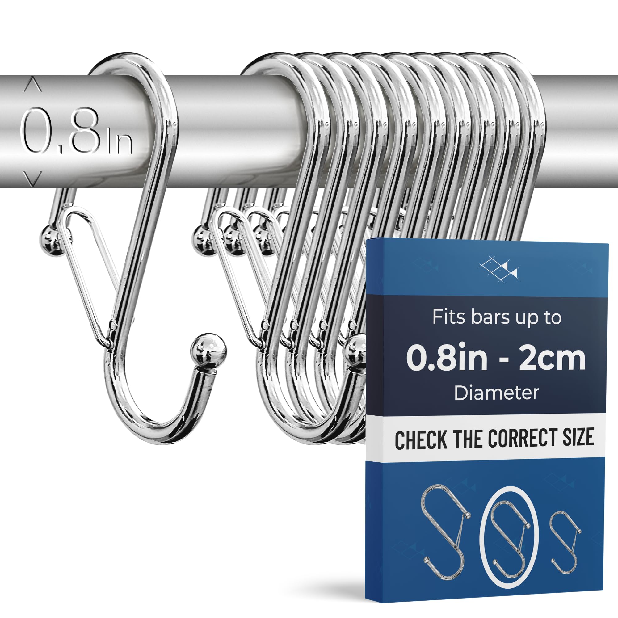 Blau Marité 10 Stück robuste S-Haken aus Metall, rutschfeste S-Haken mit Sicherheitsverschluss. Für Stangen bis zu 2 cm Durchmesser. Für Schränke, Bad, Küche und Garten. (MTL, Silber)
