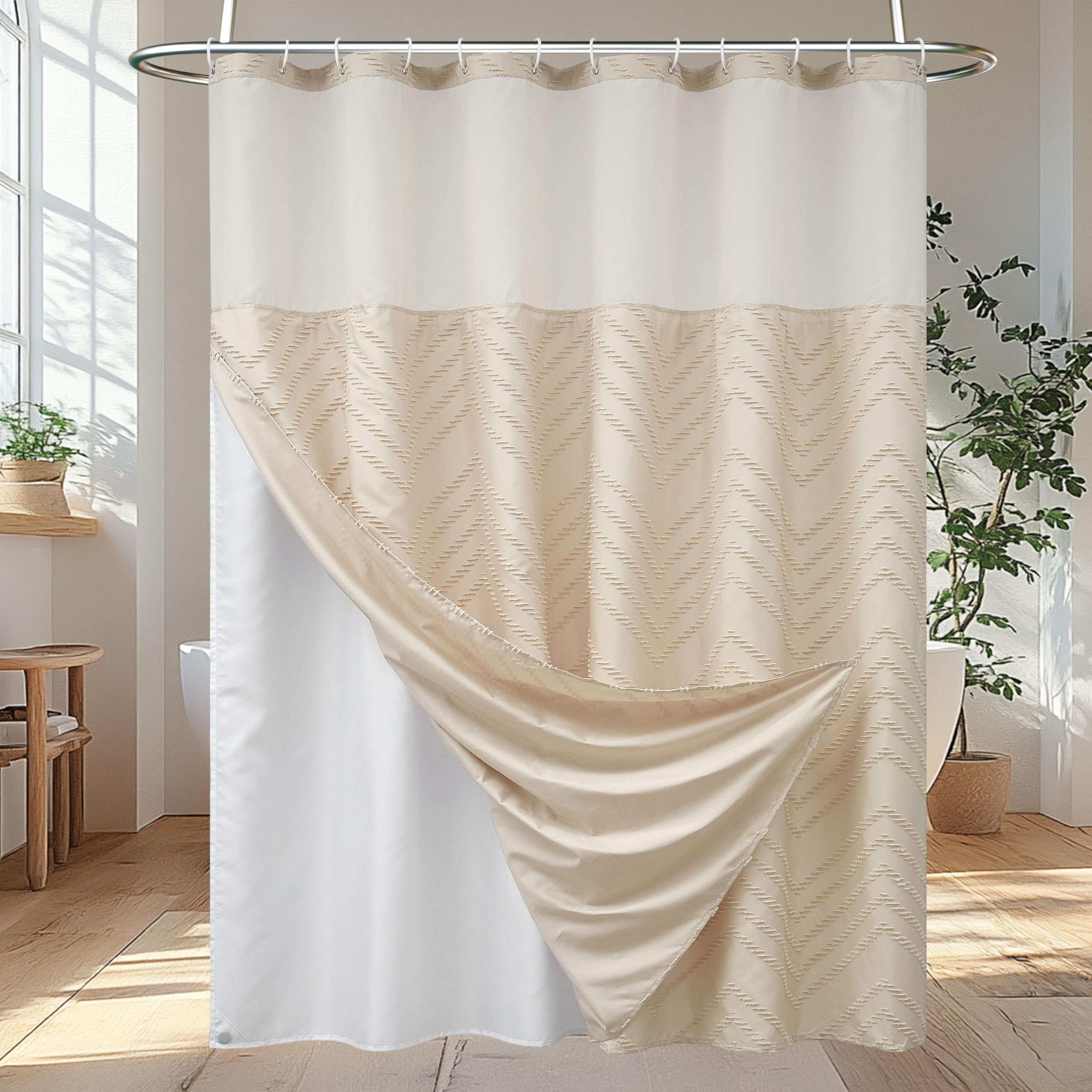 Boho Farmhouse Shower Curtain with Snap in Liner Replacement Fabric Beige Shower Curtain Set 71 x 72 Waterproof & Washable Mesh Top Window Modern Tufted Chevron Textured Striped for Bathroom Hotel