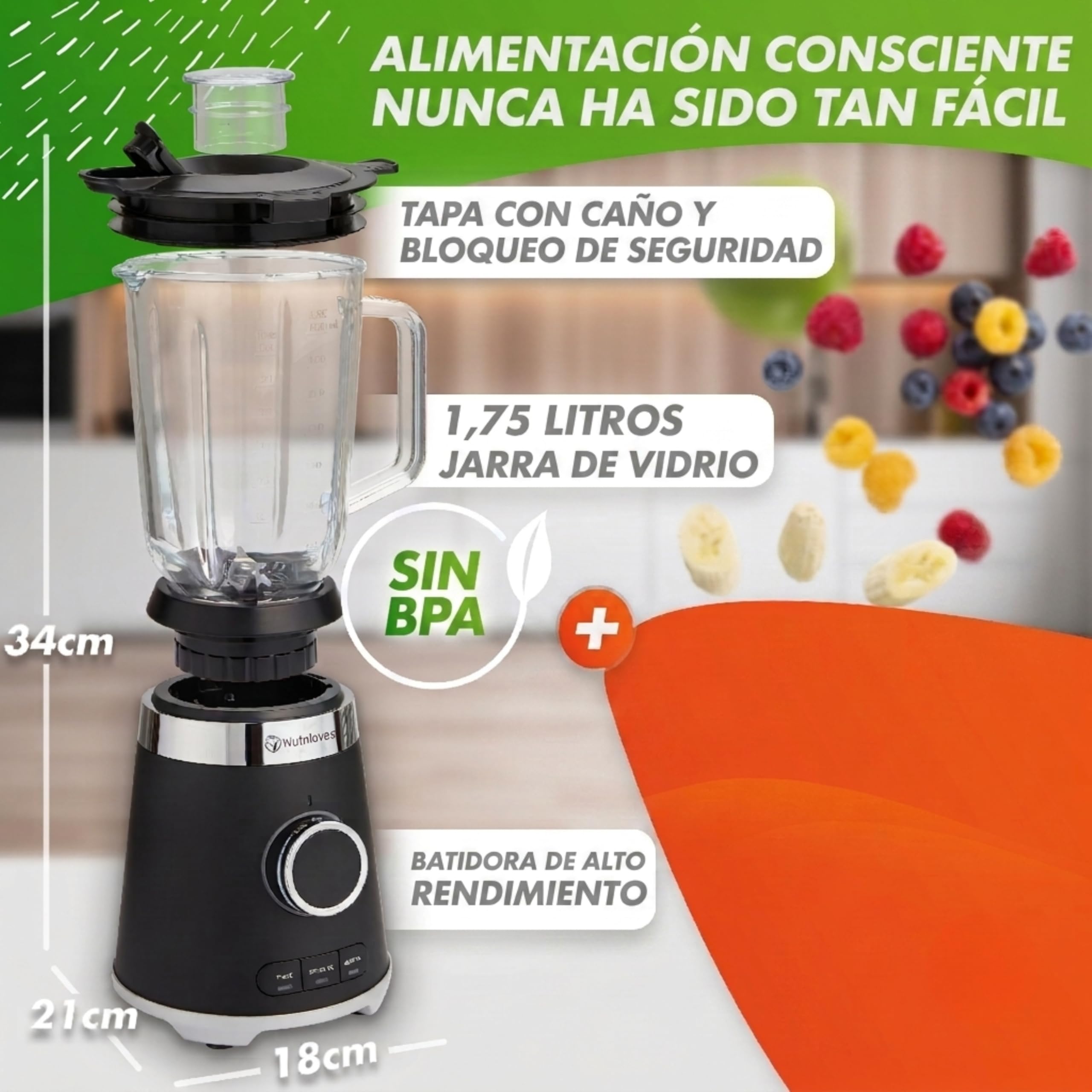 Nutrilovers Batidora de Vaso con Jarra de Cristal, 1300W, 1.3L, Sin BPA | Cristal