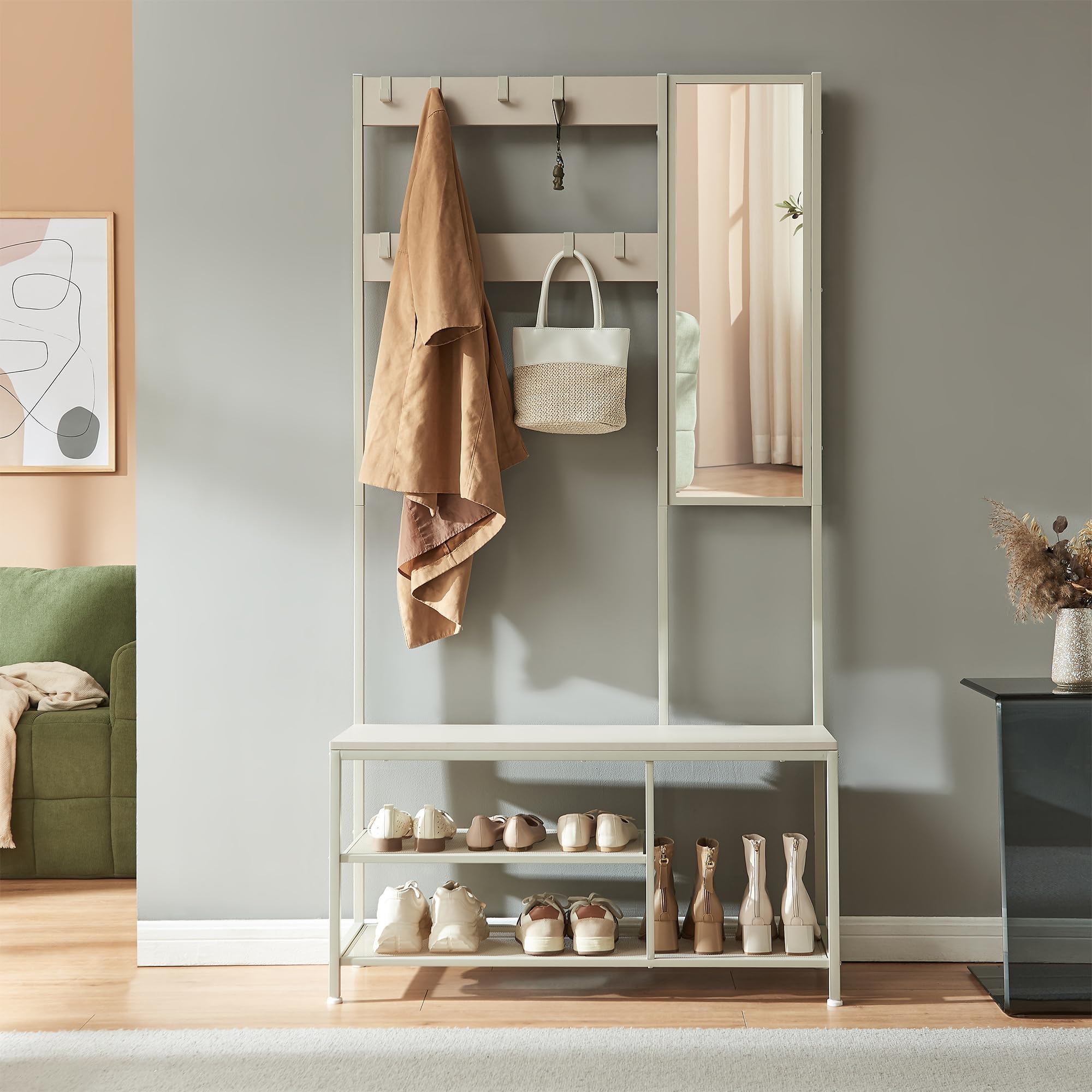 [en.casa] Mueble Recibidor Napinerg con Espejo y Zapatero Recibidor De Entrada Perchero con 7 Ganchos Flexibles Patas Ajustables Aglomerado Metal 185 x 98 x 34 cm - Color Arena
