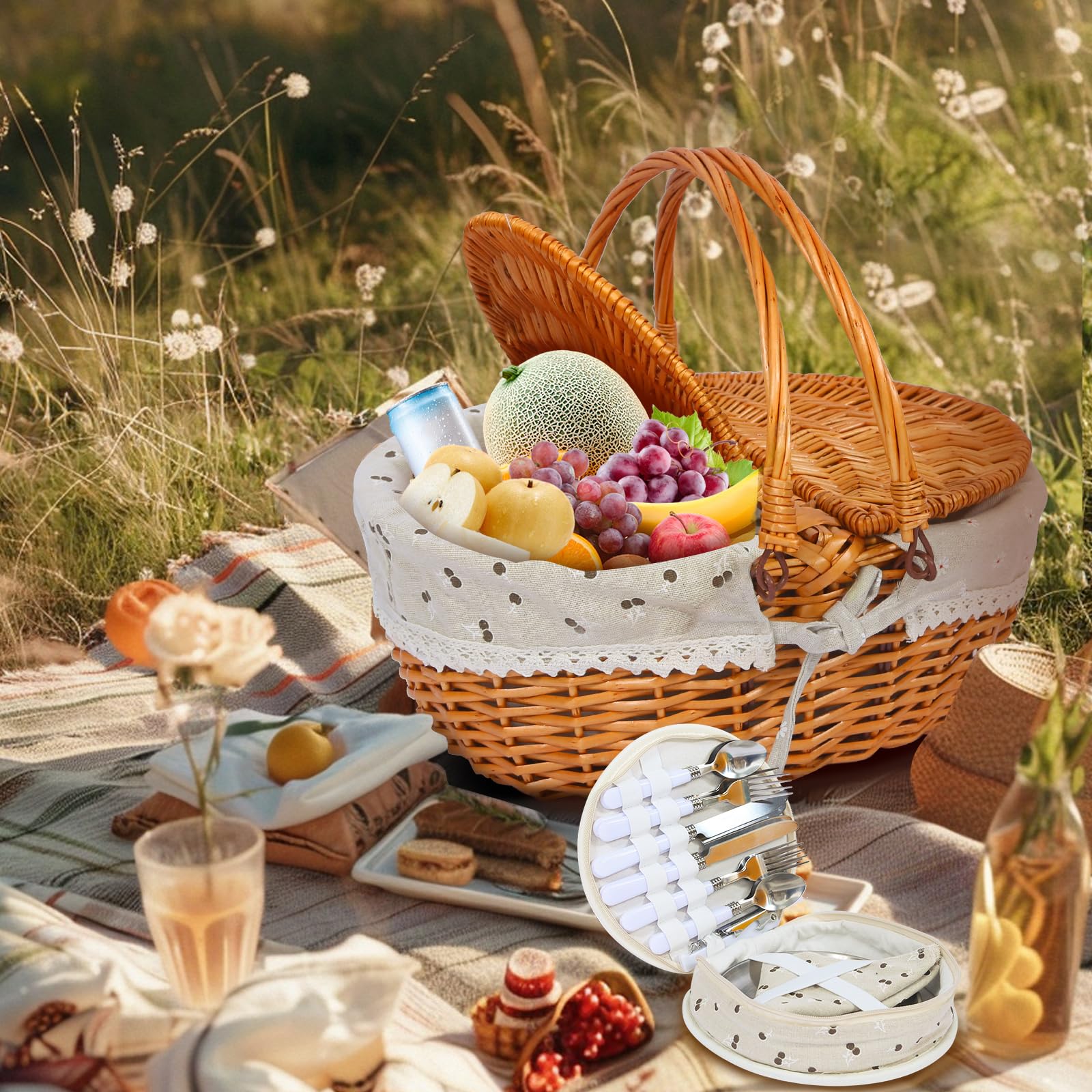 Panier de pique-nique en osier pour 4 personnes, avec couvercle et poignée, panier de pique-nique avec doublure lavable et couverts pour l'extérieur, le camping, Halloween, Noël et un