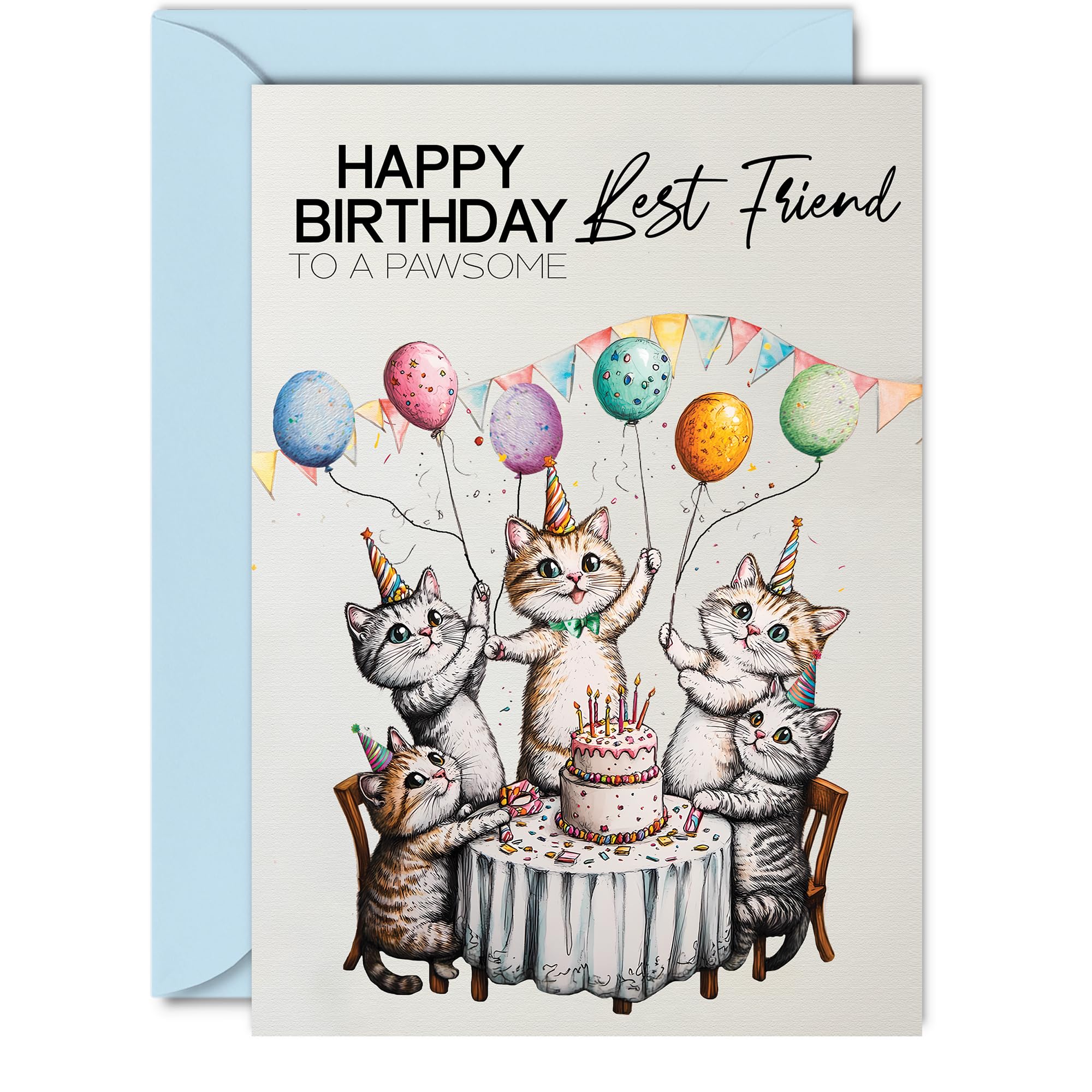 Best Friend Birthday Card - Pawsome Party Cats Balloons - Happy Birthday Card for Best Friend from Friend Bestie, 5x7 Inch Male Female Cat Bday Greeting Cards