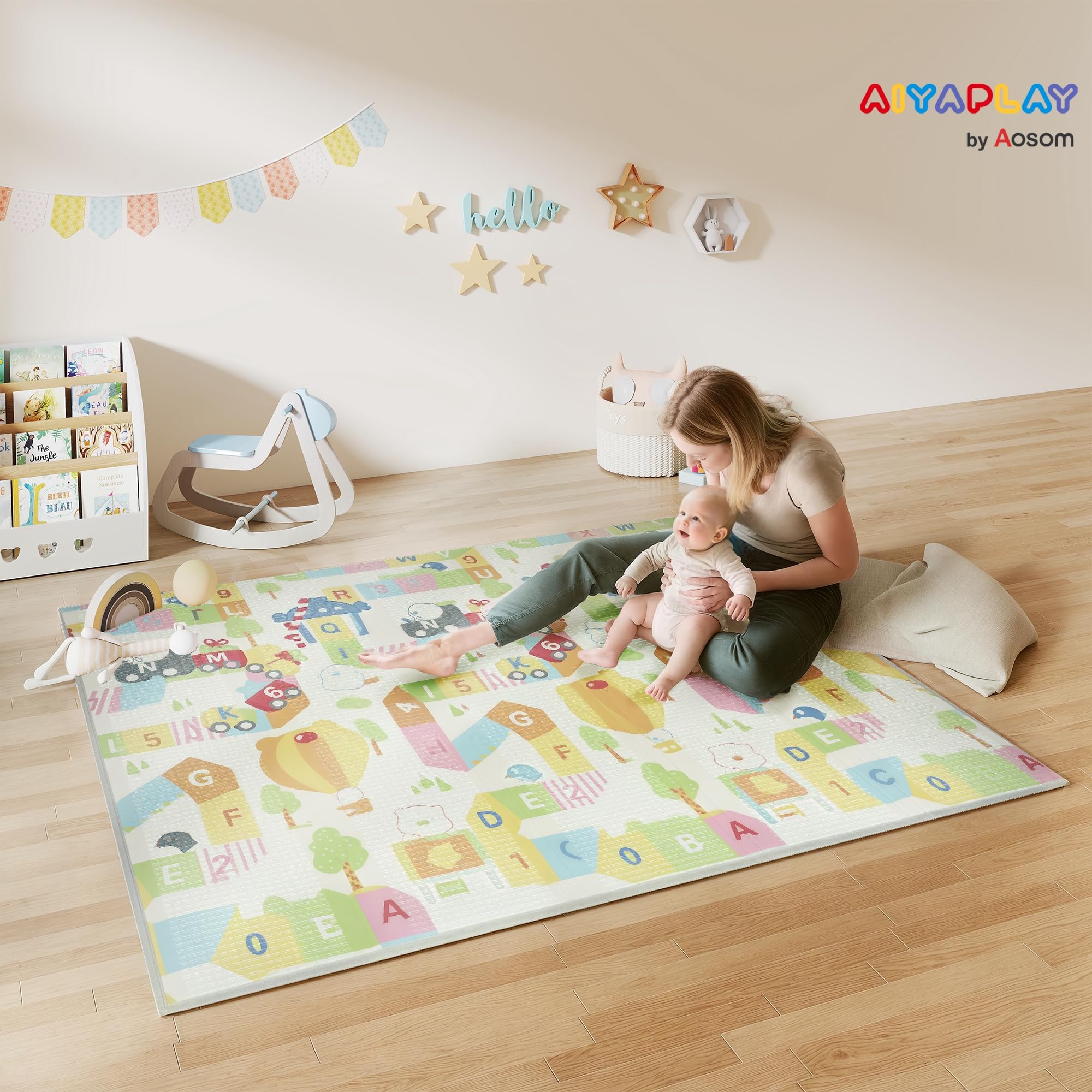 AIYAPLAY Tappeto per Bambini 0-3 Anni con Bordi Cuciti, Lettere dell'Alfabeto e Superficie Impermeabile, Tappeto Gattonamento in XPE e PE, 200x180x1.5 cm, Multicolore