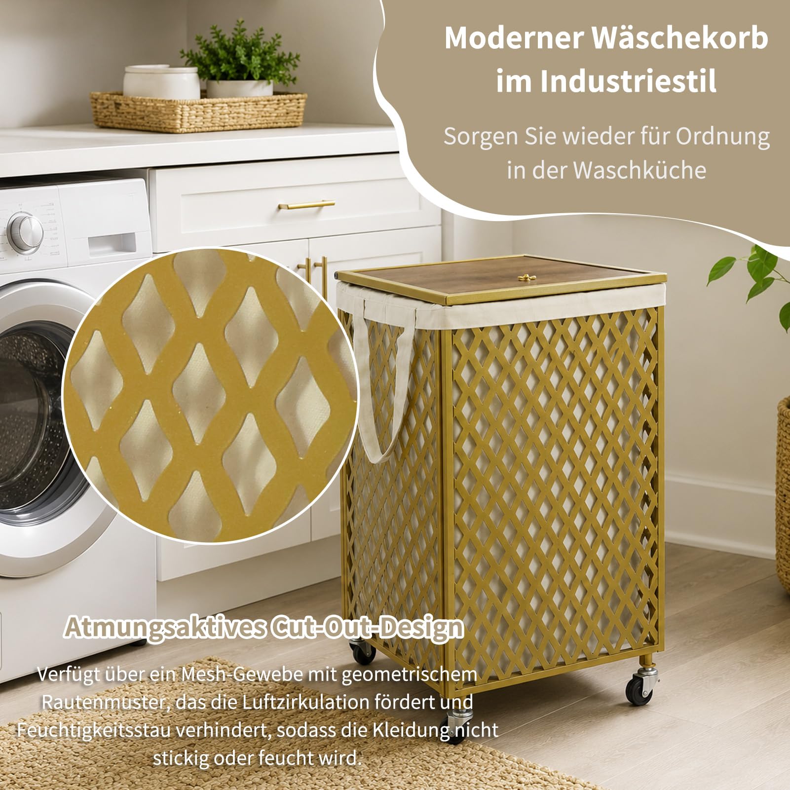 G-LEAF Wäschekorb mit Rollen, Metall Wäschesammler mit Holzdeckel & Wäschesack, für Badezimmer, Gold, 65 L (Rauten-Muster)