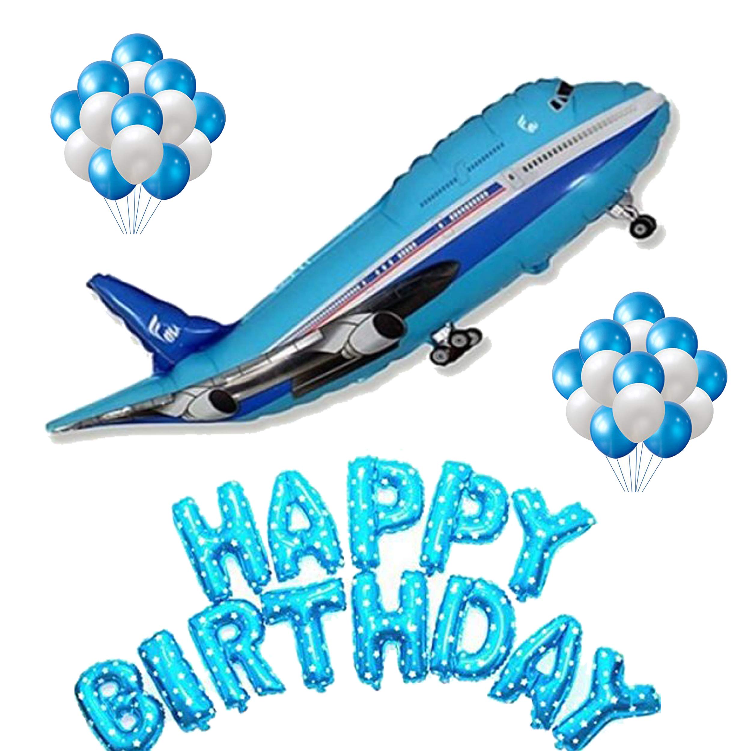 Masti Zone 3 Pcs Aeroplane Foil Balloons with Happy Birthday Banner and 50 Blue White Balloons Birthday Party Decoration