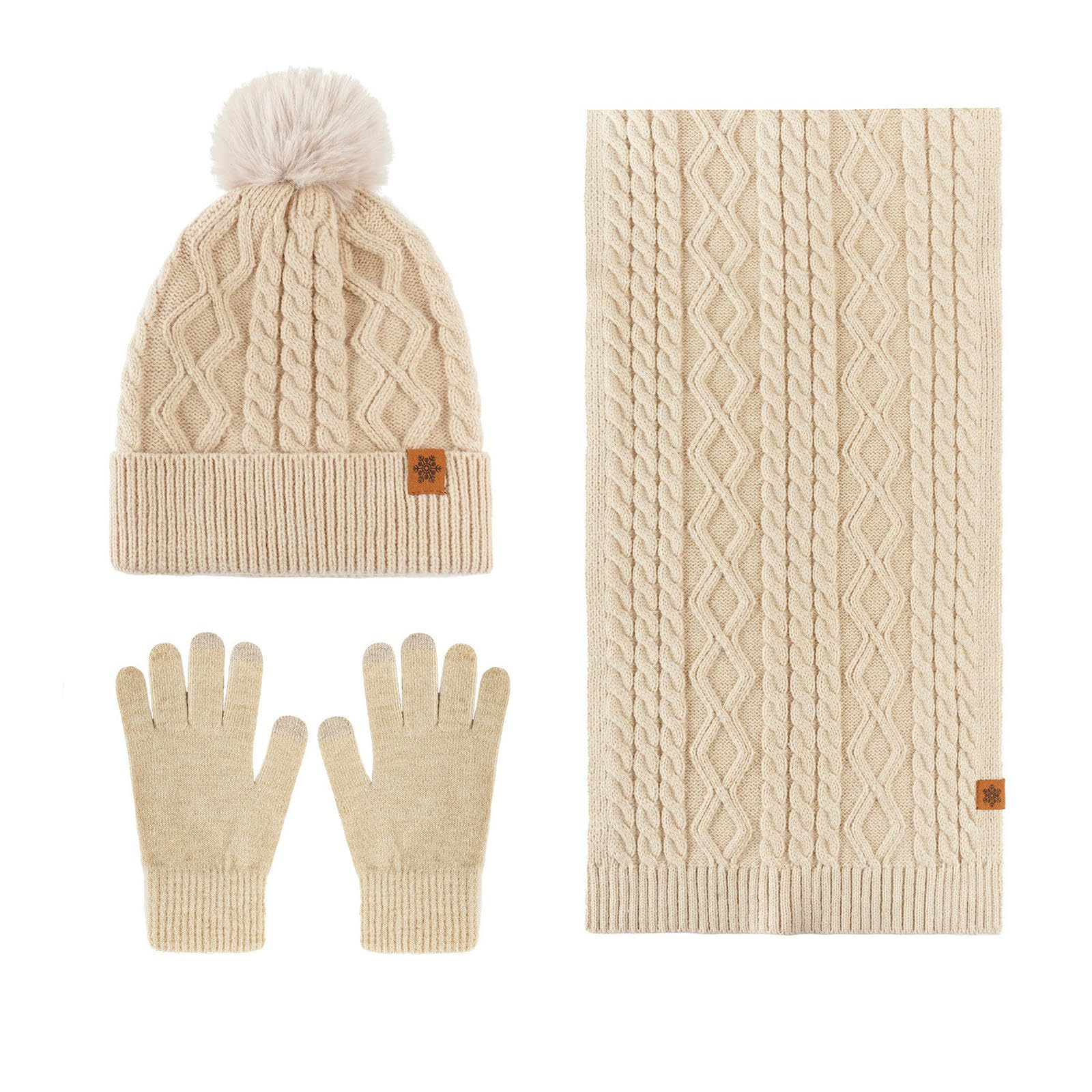 Wintermütze Schal Handschuhe Set Aus Strickmütze, Und Handschuhen, Mit Winterfleece Gefüttert, Warm, Outdoor-gehörschutzwolle -dreiteiliges Beige