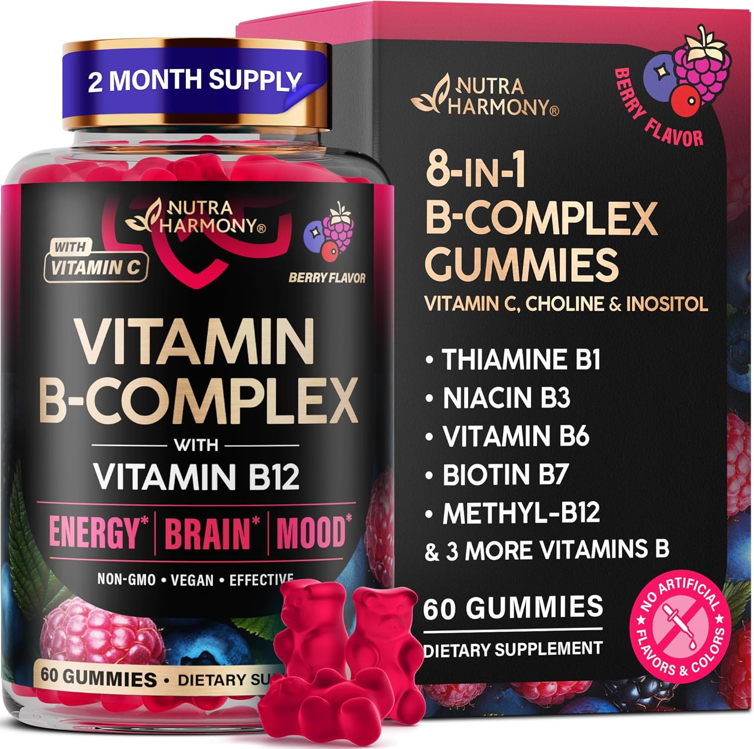 Vitamin B-Complex Gummies for Women & Men – Vitamin B12, B1, B2, B3, B5, B6, B7 & B9 – B Complex with Vitamin C & Choline – Energy, Brain & Mood – Natural Berry Flavor, Vegan – 60 Gummies for 2 Months Vitamin B-Complex Gummies for Women & Men – Vitamin B12, B1, B2, B3, B5, B6, B7 & B9 – B Complex with Vitamin C & Choline – Energy, Brain & Mood – Natural Berry Flavor, Vegan – 60 Gummies for 2 Months