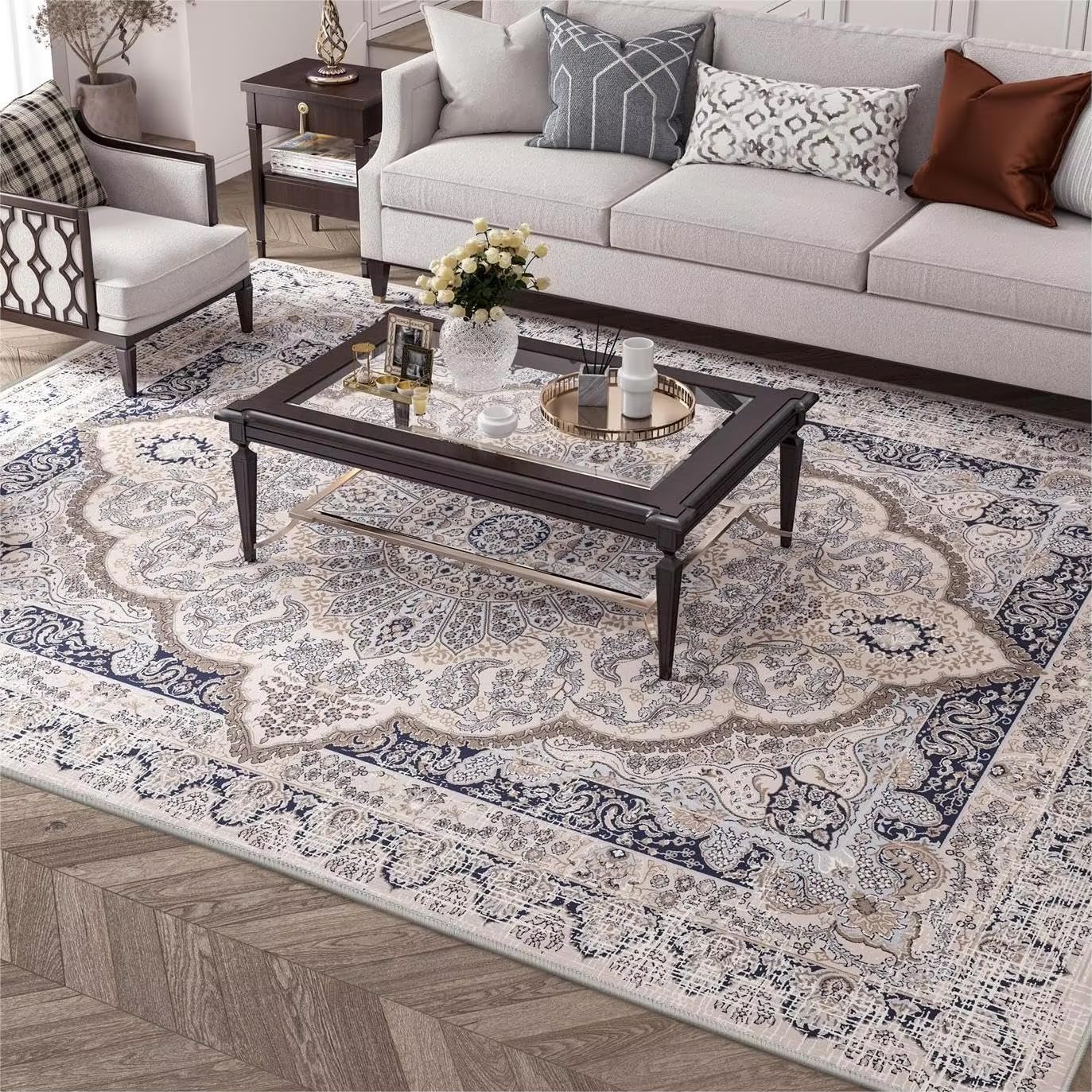 Tapis lavable pour salon antidérapant qui ne peluche pas vintage