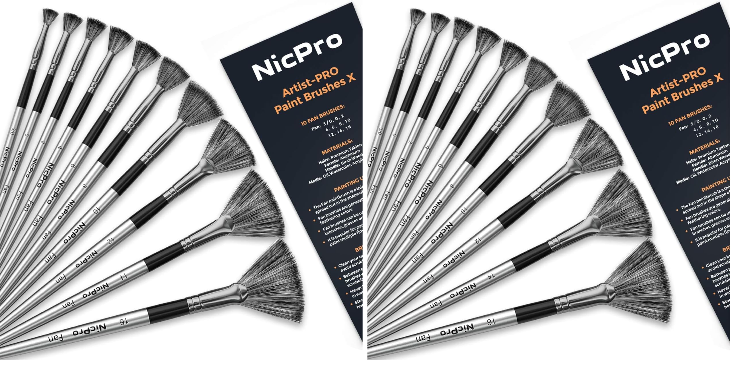 Nicpro Fan Paint Brushes 10 PCS Artist Painting Brush Set Soft Anti-Shedding Nylon Hair Wood Short Handle for Acrylic, Watercolor, Oil, Craft Painting (Pack of 2)