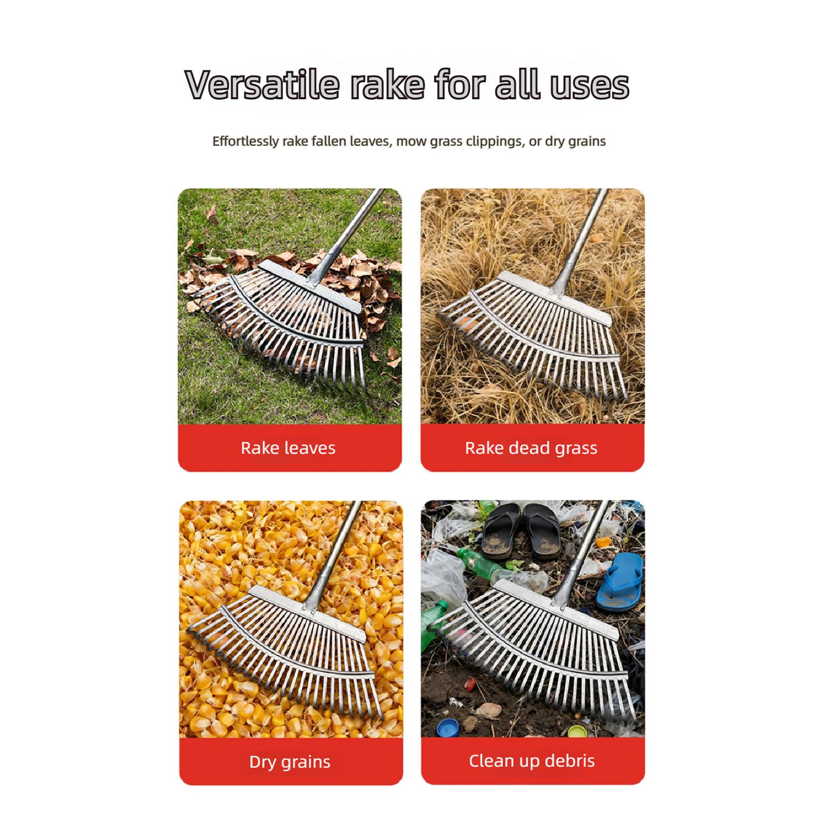 Rastrello da giardino in metallo con robusta struttura in acciaio per una pulizia efficiente di foglie e detriti, raccoglitore efficiente di foglie