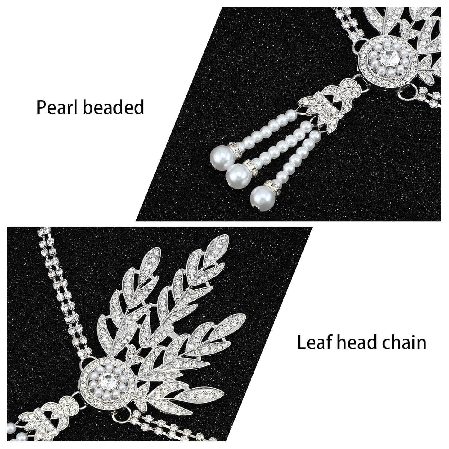 Yolev 1920's Flapper Headband Leaf Rhiestones Flapper Headpiece Pearl Tassel Head Bands Silver Headpiece Head Jewelry for Women Bride Wedding Parties Hair Headband Accessories - Image 5