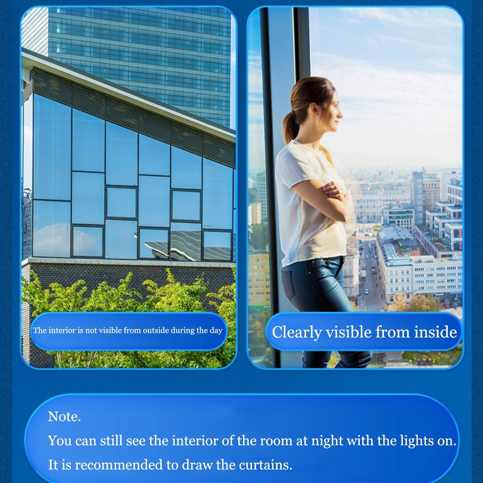HJXGQJM Spiegelfolie Fensterfolie Von Innen Durchsichtig Von Aussen Blickdicht Sichtschutzfolie Fenster Sonnenschutzfolie for Büro Und Zuhause，Selbsthaftend UV-Schutz Fensterfolie Blau(105x200cm)