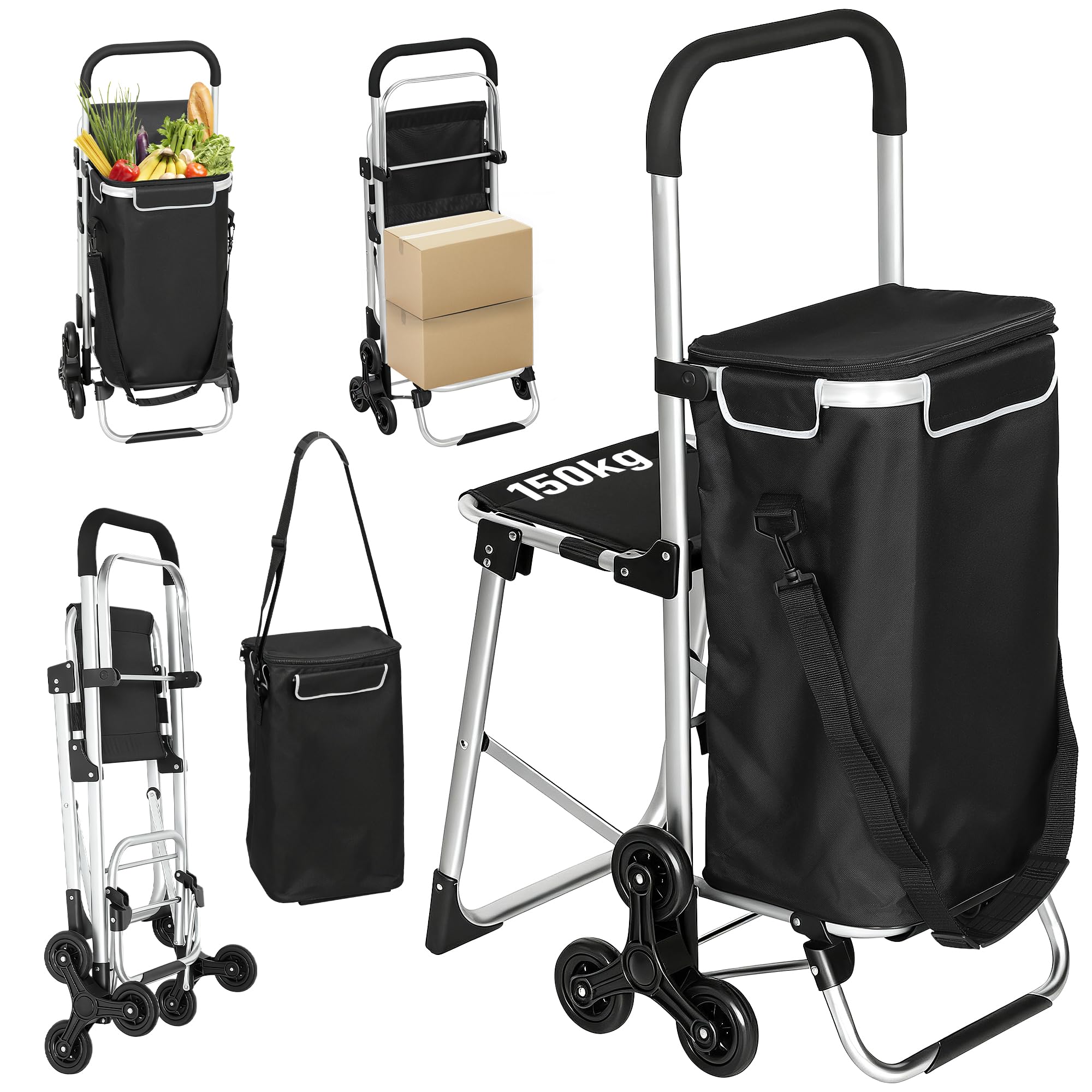 HOMCOM 3-in-1 Einkaufstrolley klappbar mit 40L Kapazität, klappbar Sitz, Trolley bis 25kg belastbar Einkaufswagen Sackkarre Umhängetasche Treppensteiger Schwarz