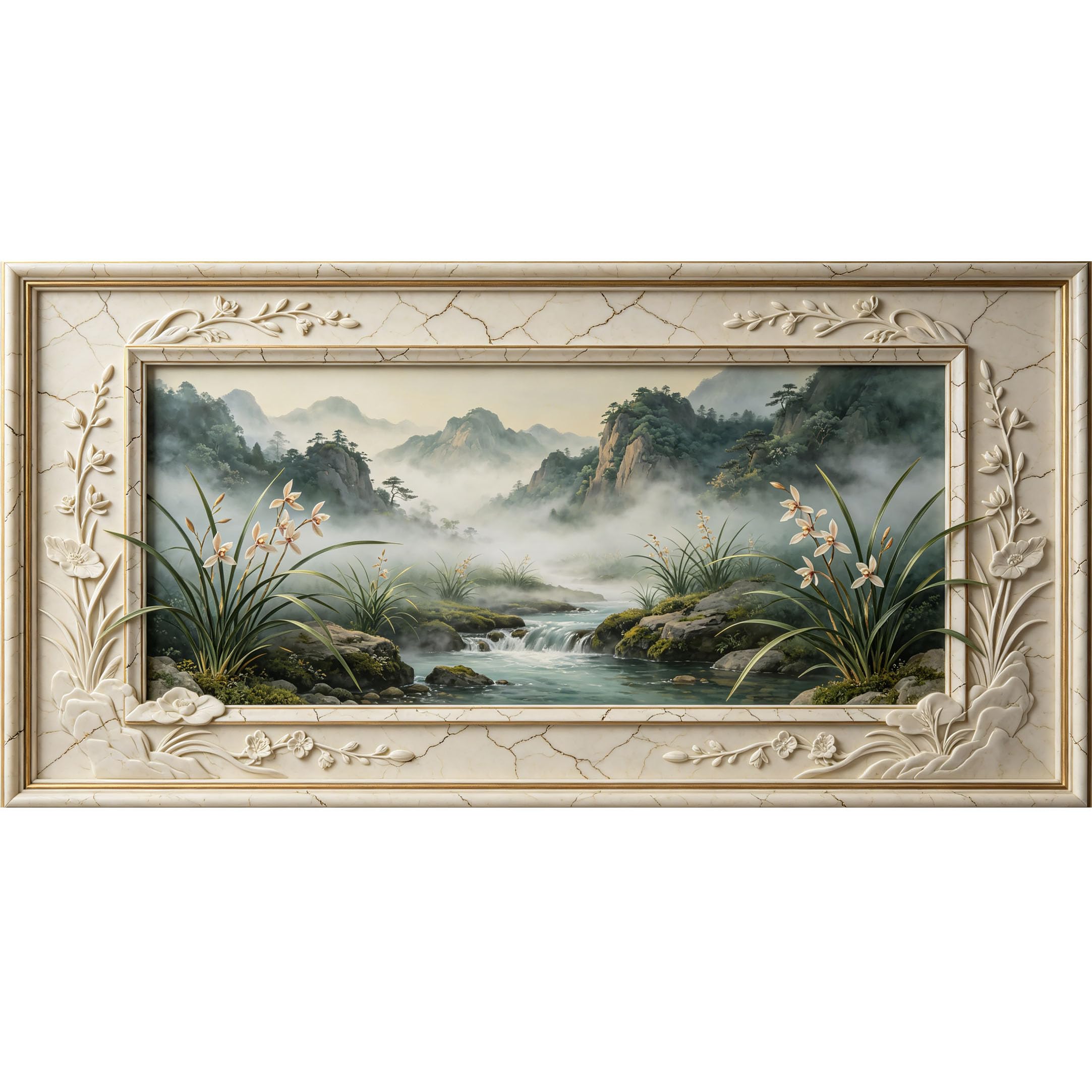 Agglomerix 3D Framed Wall Art Misty Mountain River Orchid Floral Landscape Relief Effect Large Size SelfAdhesive Removable Wall Decor Prints Artwork for Living Room Bedroom Office