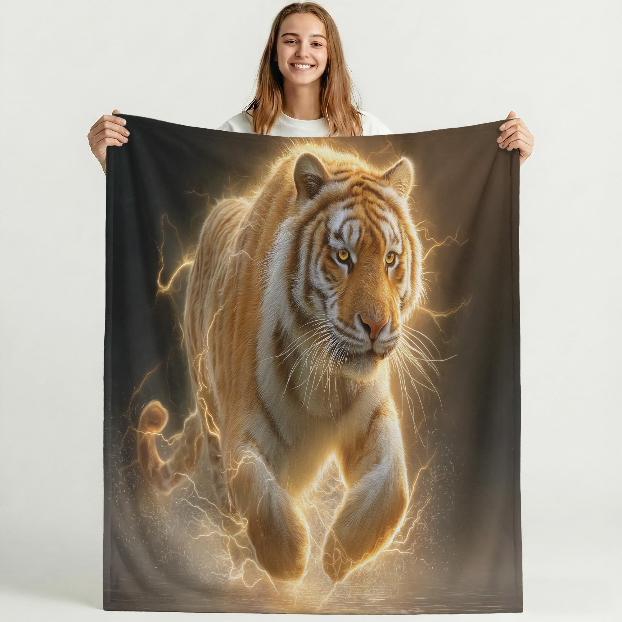 Generico Coperta Pile di Alta Qualità Matrimoniale 220 x 270 cm, Caldo Super Morbida Coperte a Tema Animale, Oro Tigre Luce Elettrica Selvaggio Copriletto per Adolescenti Ragazzi Ragazze e Adulti