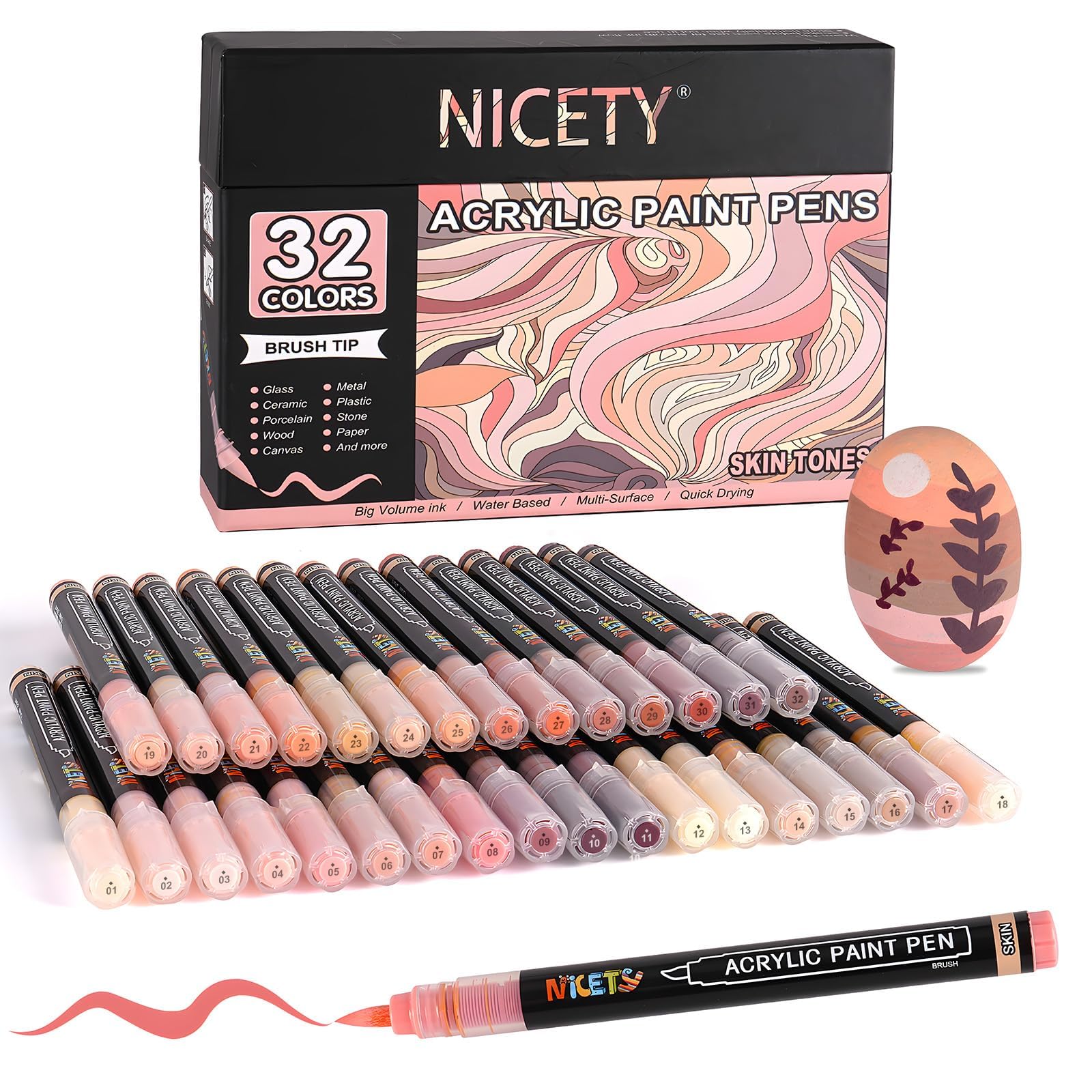 NICETY 32 Acrylstifte für Steine Wasserfest - Pinselspitze Acrylmarker für Holz, Stoff, Leinwand, Glas, 1-6mm Multimarker acrylic Marker pens Set (Haut)