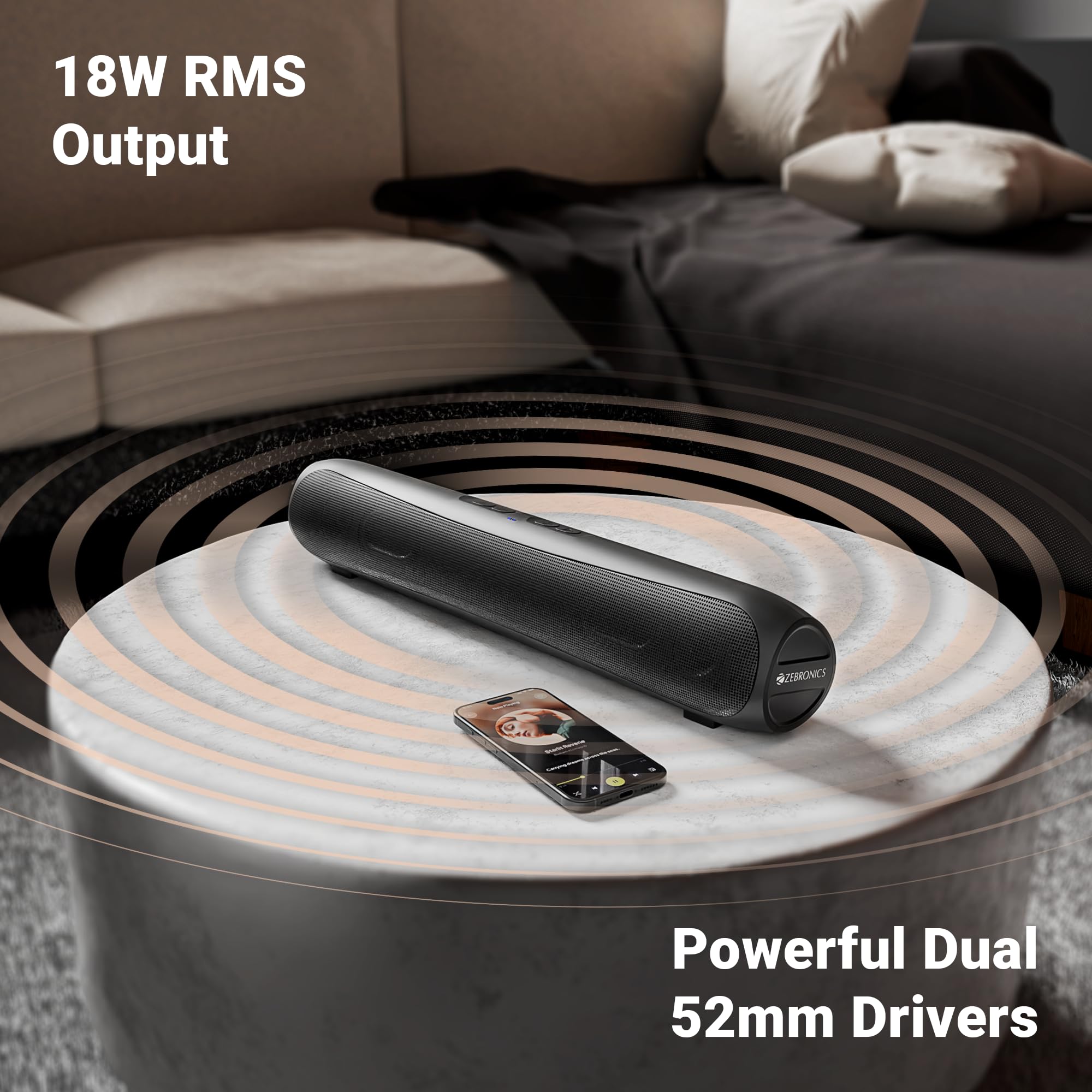 Zebronics Compact Soundbar, 18 Watts, Upto 6 Hours Playback, Dual 52mm Drivers, Dual Passive Radiators, TWS, Type-C Charging, USB, AUX, LED Indicator (Vita Bar 202) — Amazon image 2