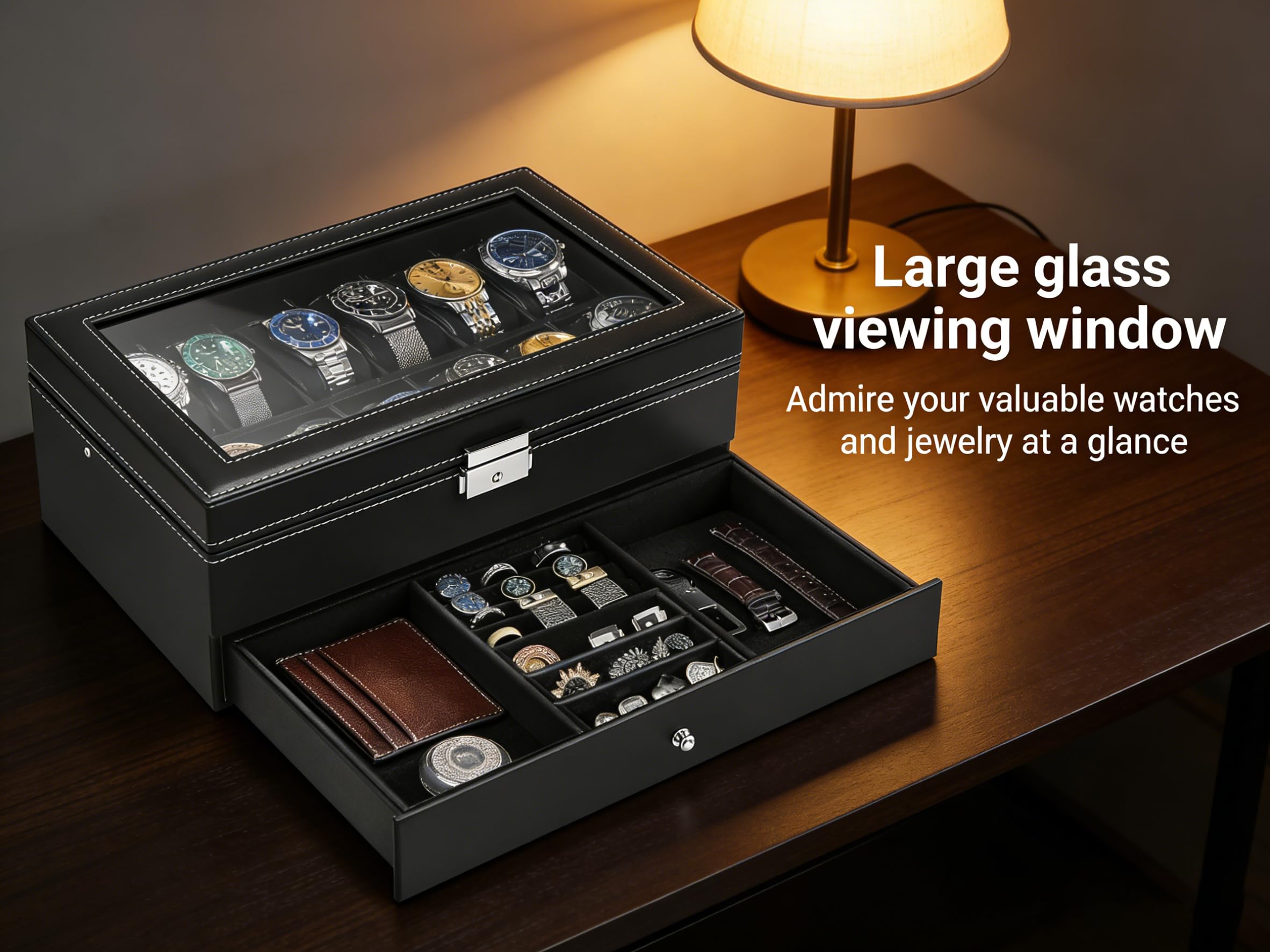 Boîte à montres à 2 couches,Coffret à Montres avec couvercle en verre,Rangement pour Montres en Cuir,12 compartiments et 1 tiroir,pour montres, bagues, bracelets,Boîte de Montre Noir