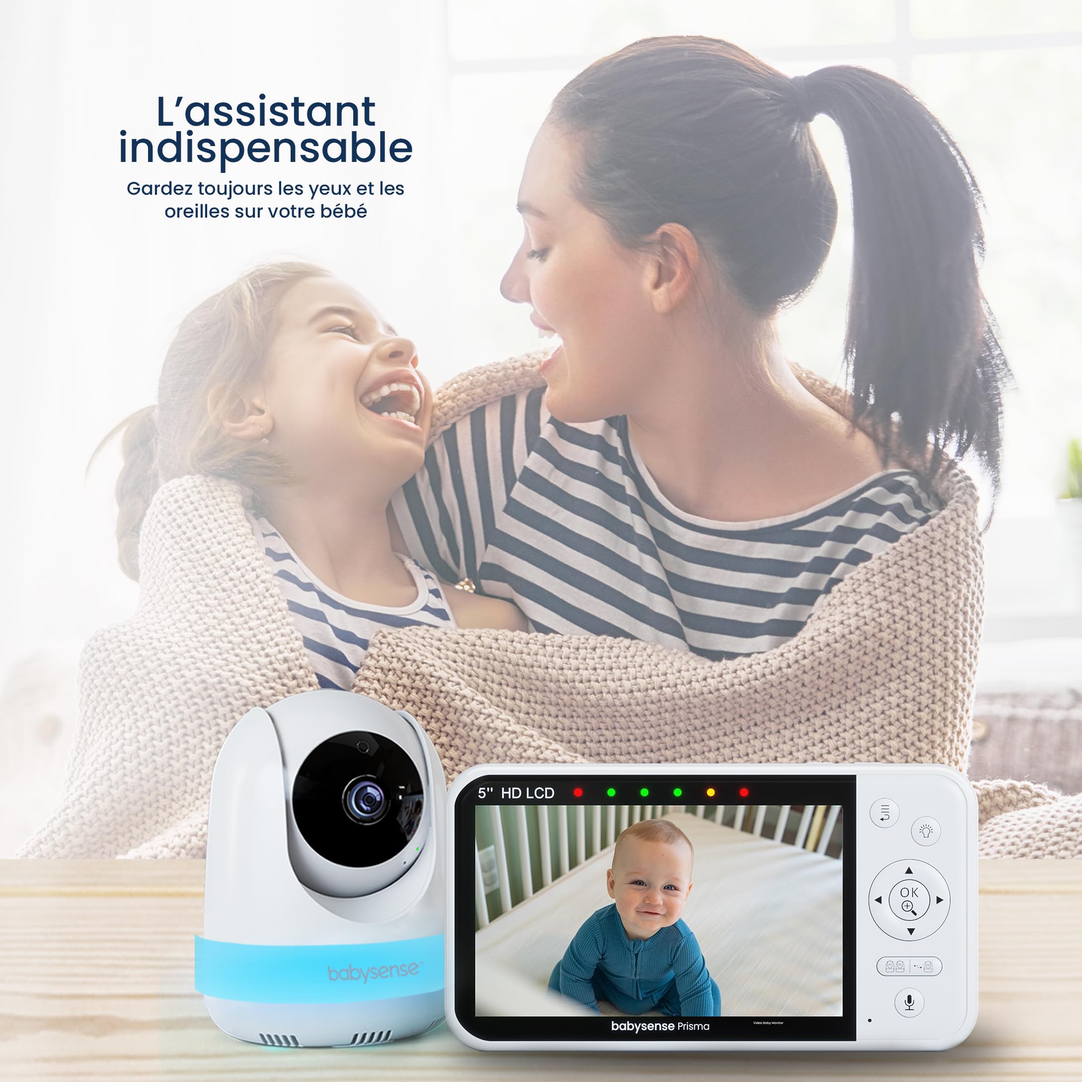 Babysense Prisma Babyphone avec Caméra et Audio, Babyphone Vidéo HD 5", Veilleuse 6 Couleurs, Écran Divisé, Machine à Son pour Bébé avec Bruit Blanc et Berceuses, sans WiFi