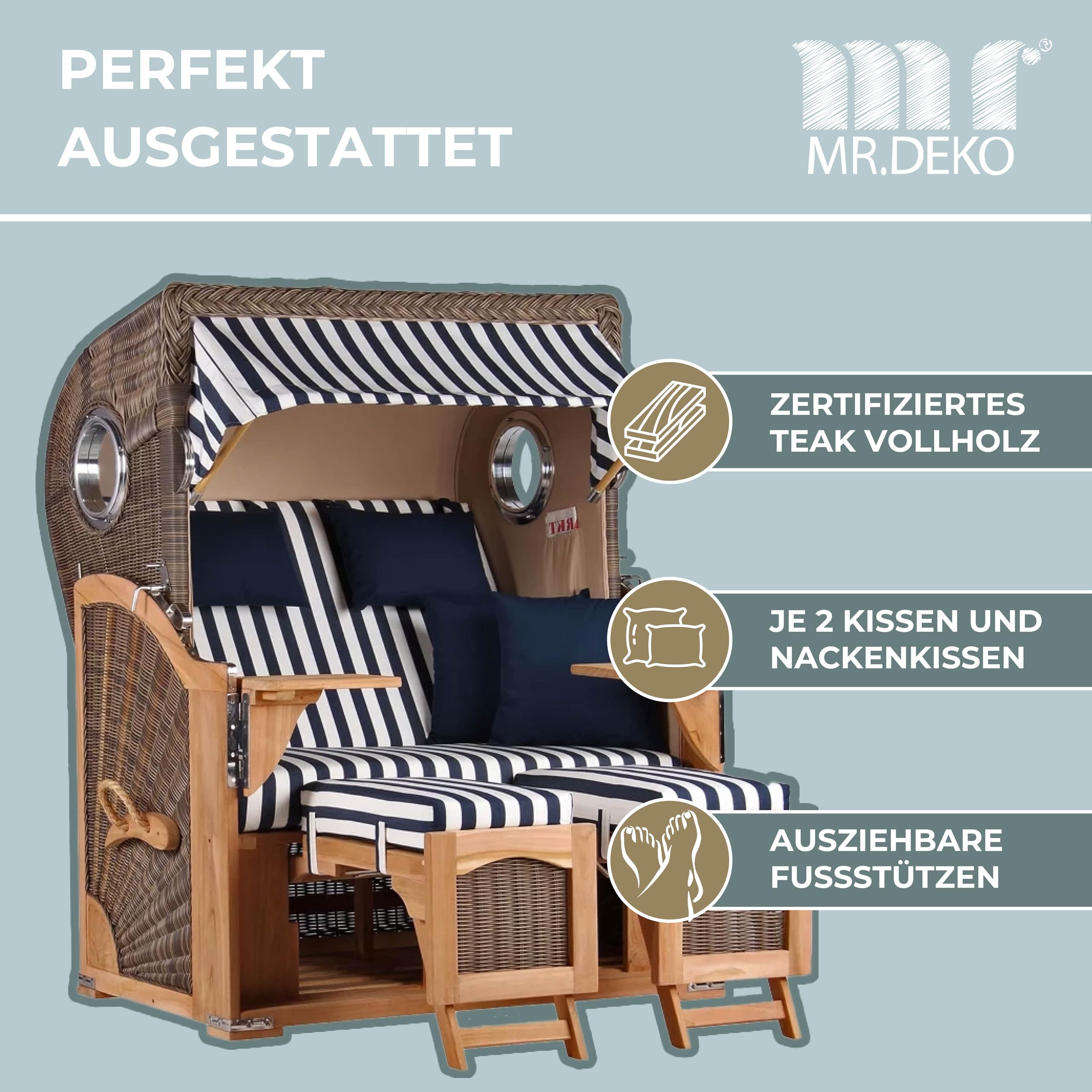 MR. DEKO® Strandkorb Düne Teak 2-Sitzer Bullauge | PE Geflecht Grey | Volllieger Strandstuhl verstellbar | inkl. 4 Kissen Wechselpolster | Strandkörbe fertig montiert aus Teakholz | (Dessin 518)