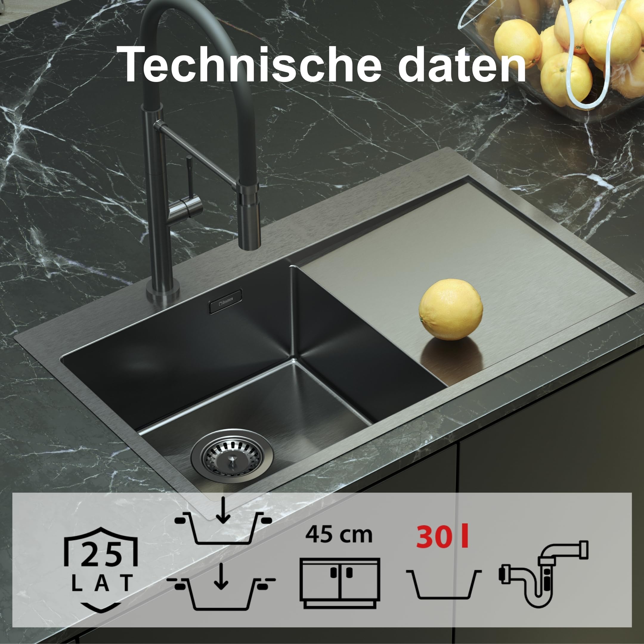QUADRON Spülbecken Einbeckenspüle Edelstahlspüle | Größe 78 x 48 x 20 cm Farbe: Stahl | RUSSEL 111 Einbauspüle mit Hahnloch | Einzelbecken Küchenspüle mit Stahlkammer Edelstahl Stahlspüle